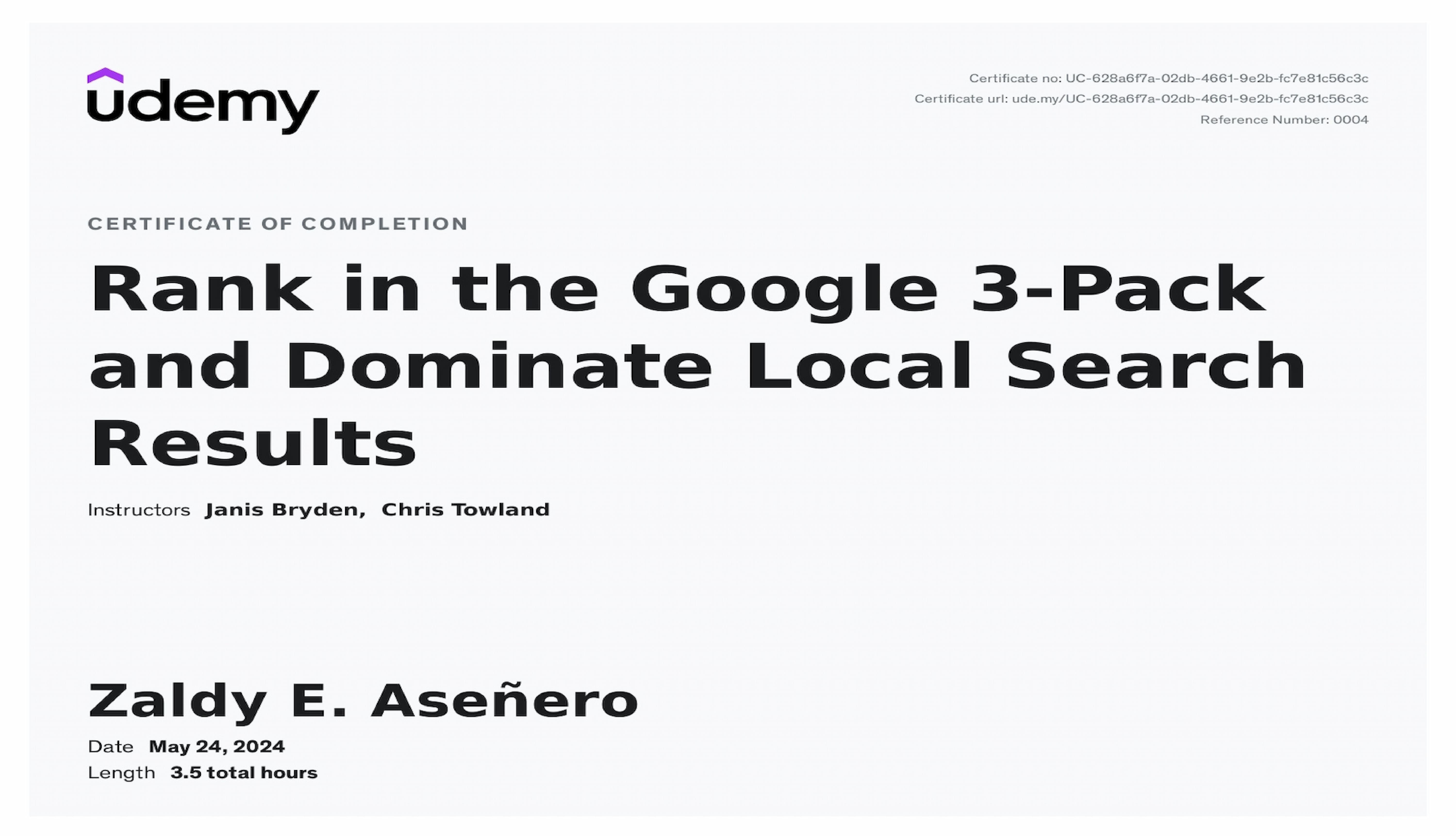 Google 3 Pack Local SEO Certificate Udemy