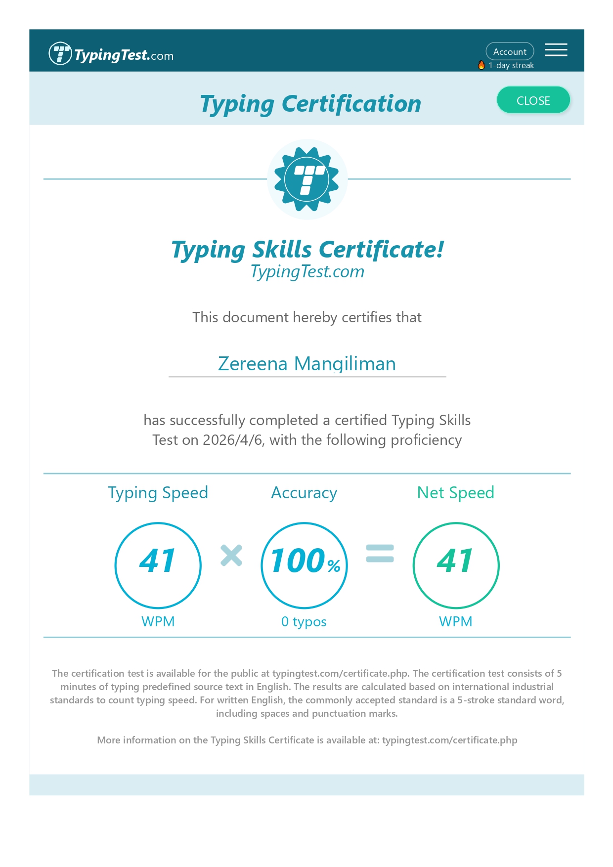Typing Skills Certificate