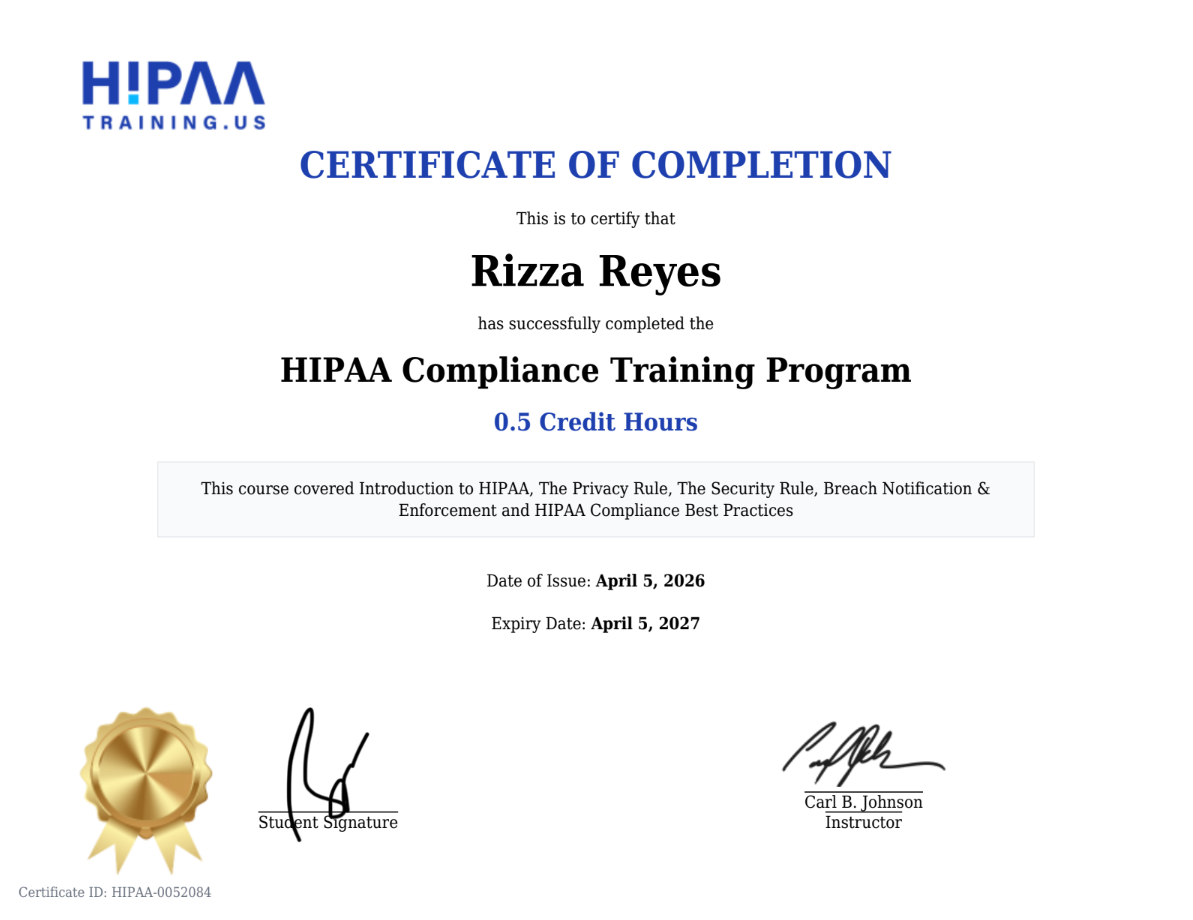 Certificate of Completion - HIPAA