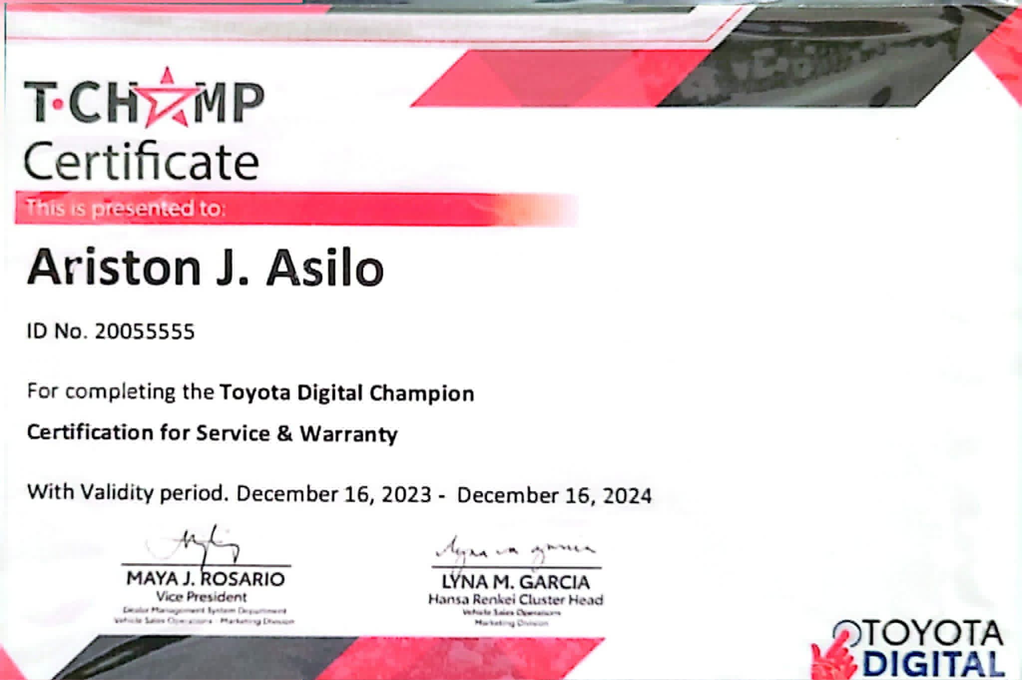 TOYOTA T-CHAMP CERTIFICATION