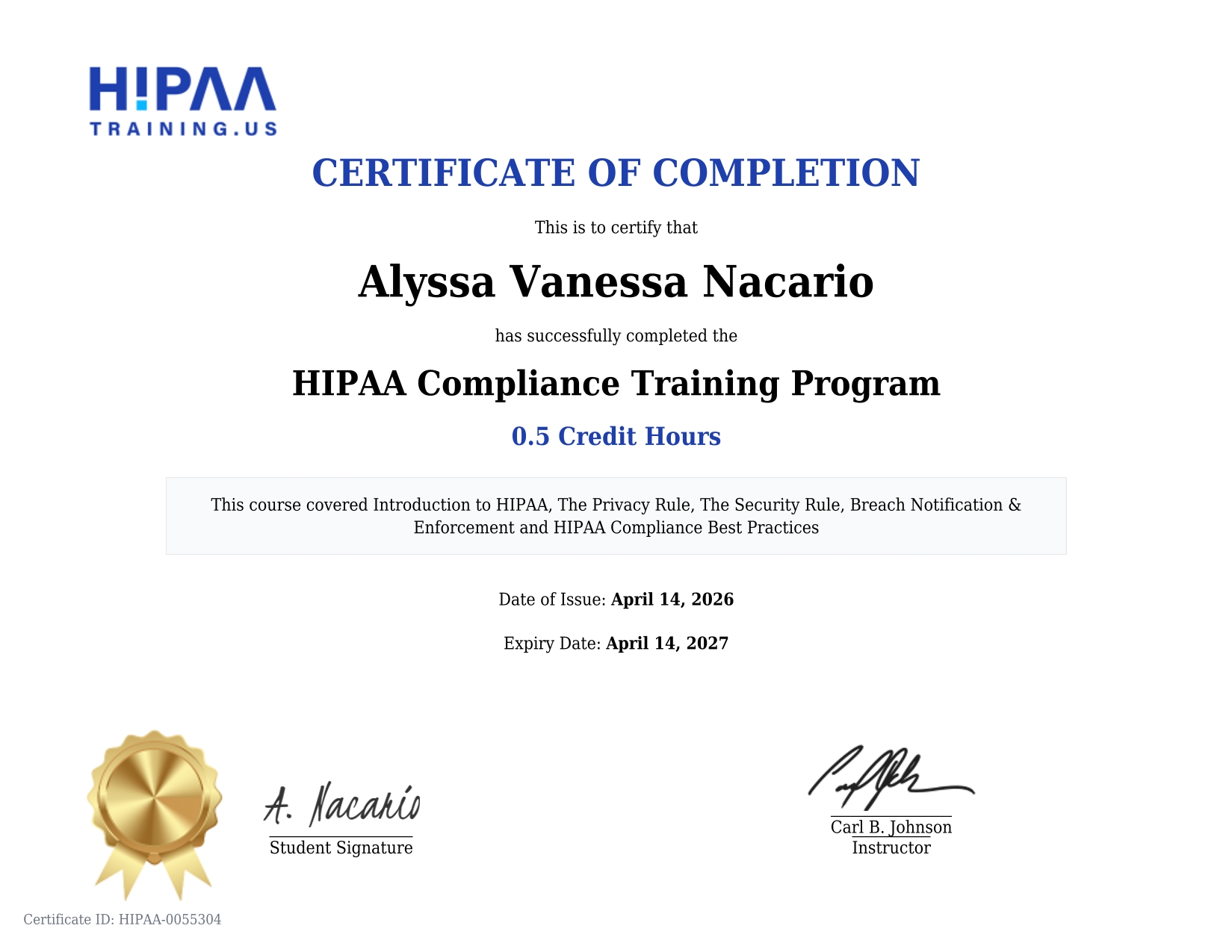 HIPAA Training Certificate