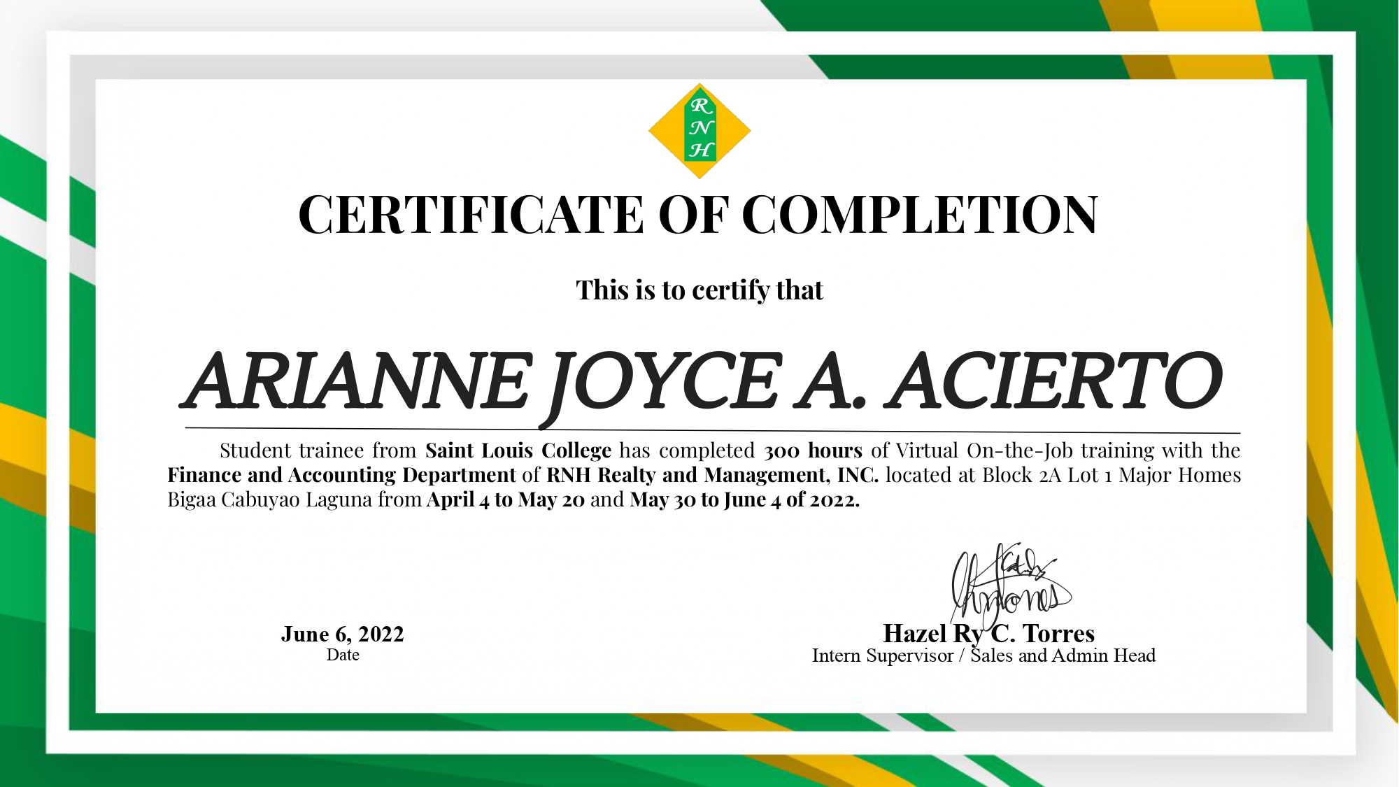 Certificate of Completion