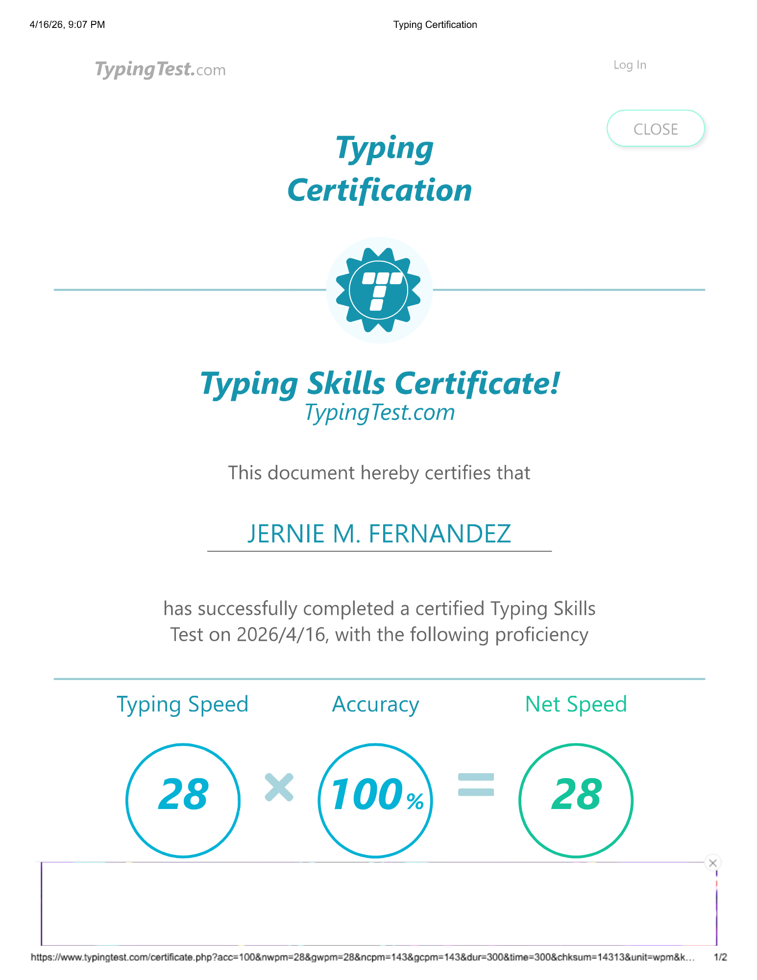 Typing Certificate