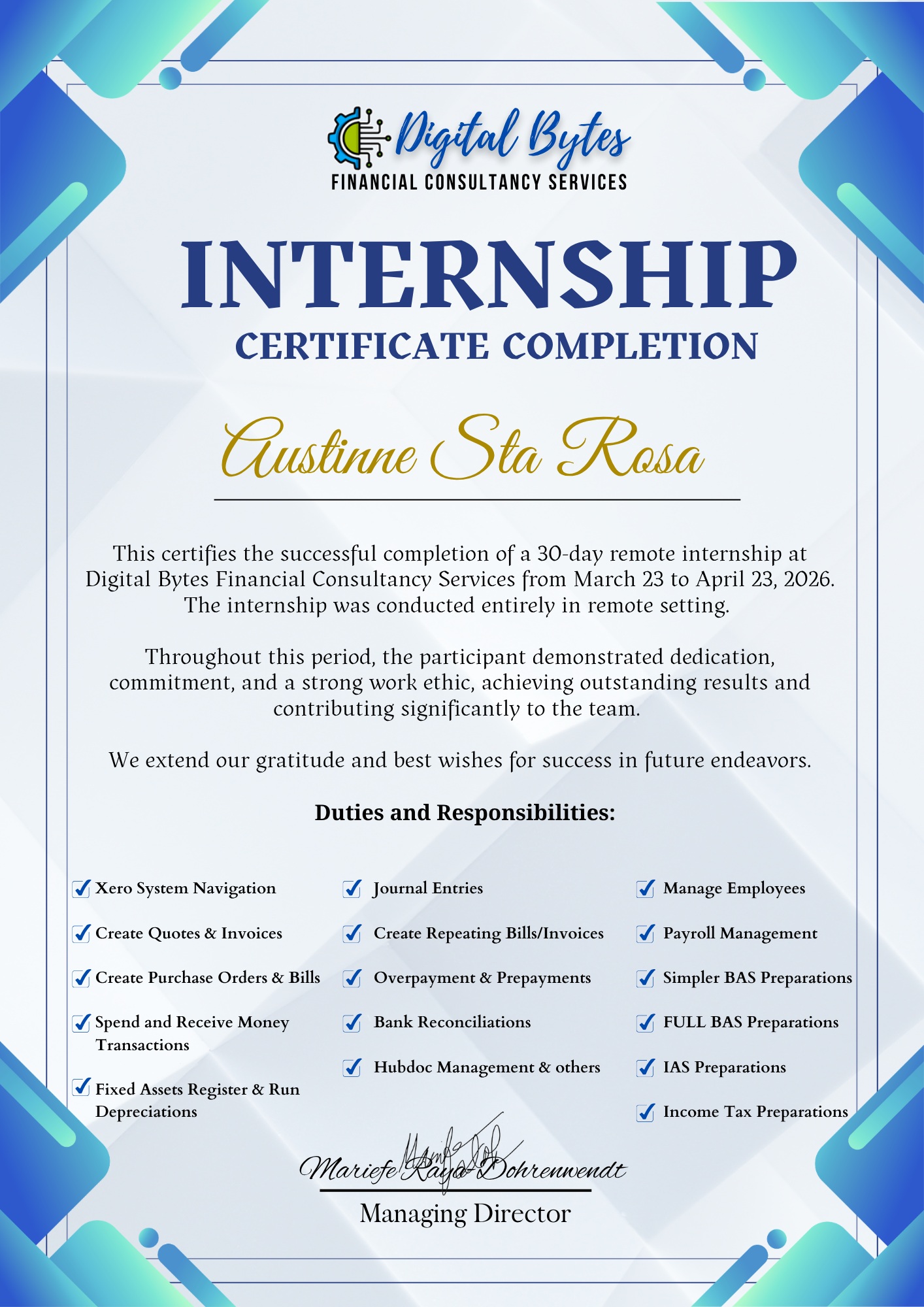 Xero Internship Certificate