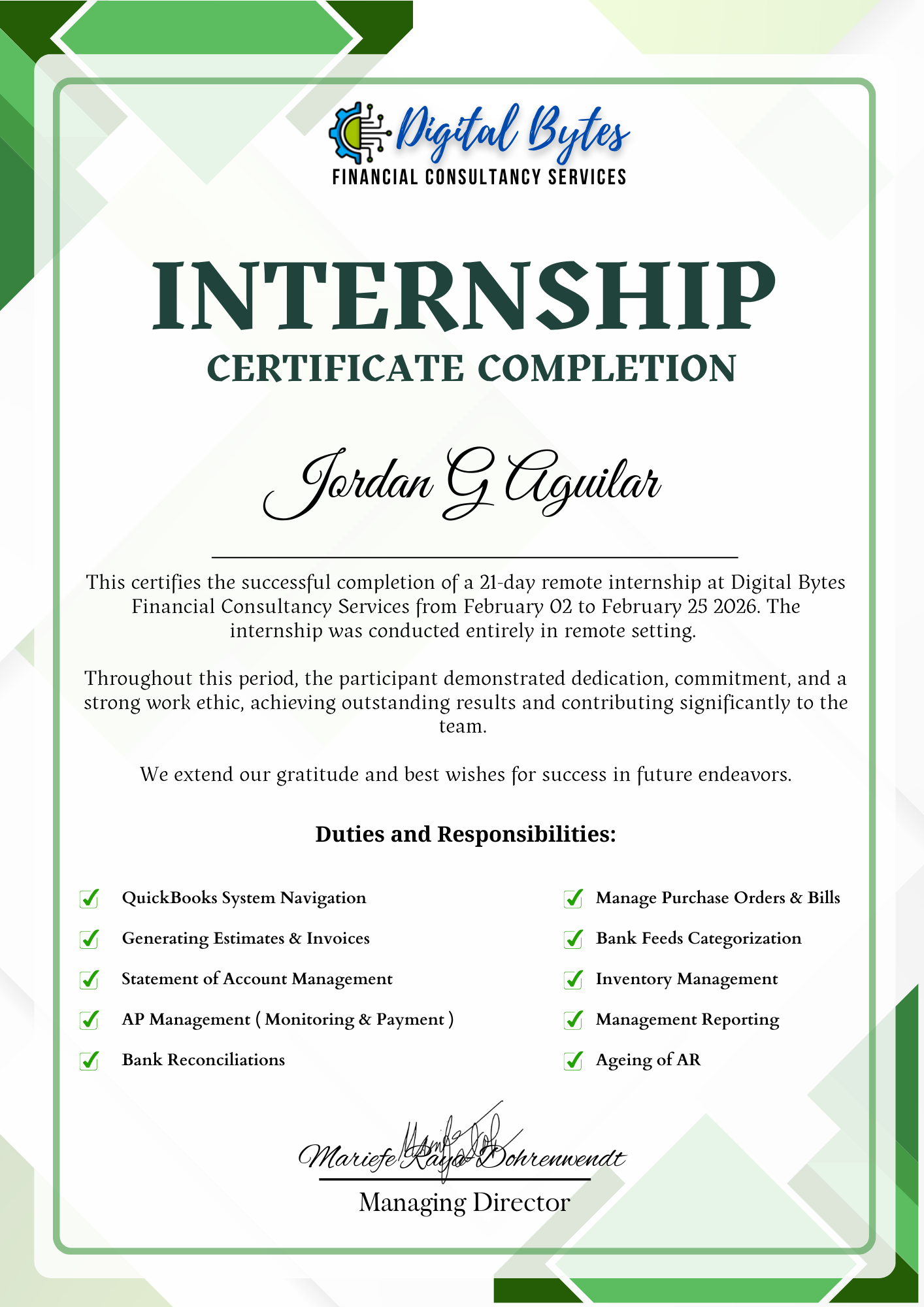 Bookkeeping Internship Certificate