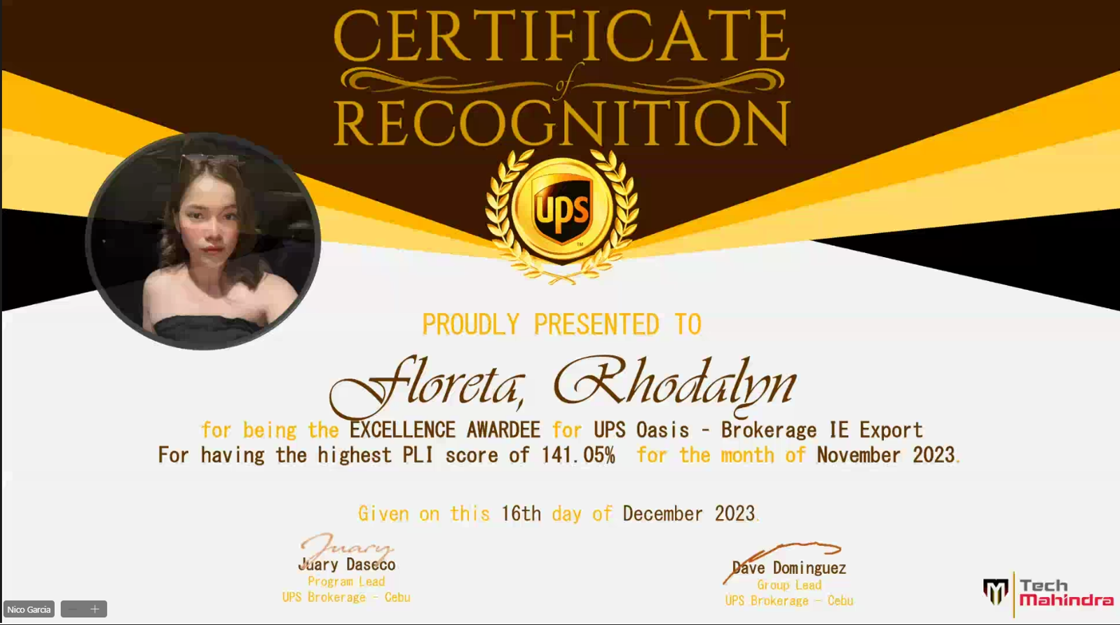 TechMahindra - Excellence Awardee Month of November 2023