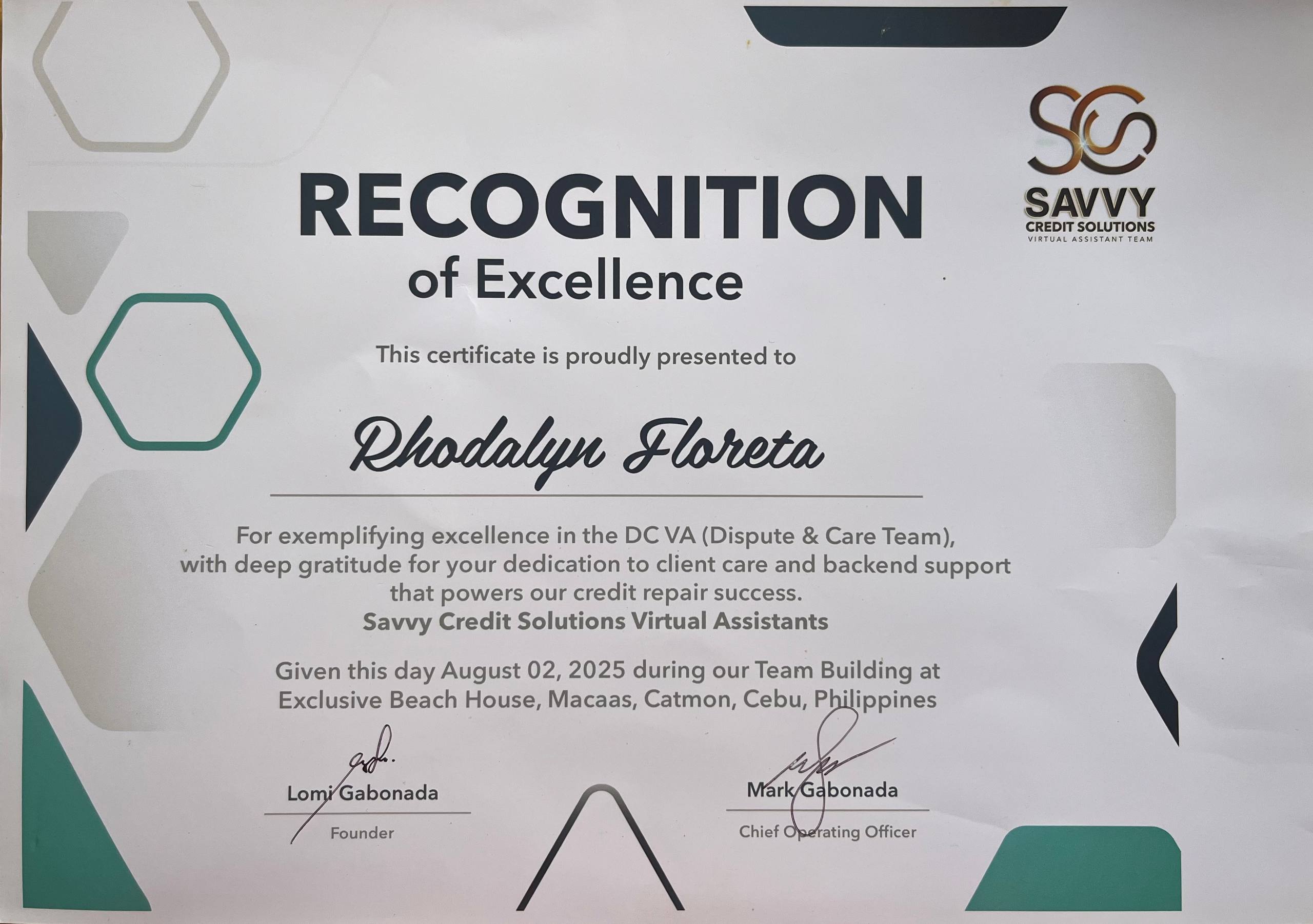 Savvy Credit Solutions VA - Excellence Awardee