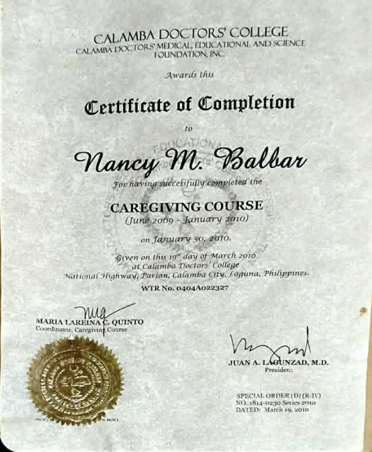 Caregiving Course Certificate