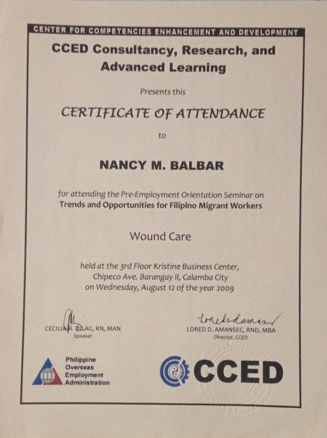 Certificate of Attendance in Wound Care