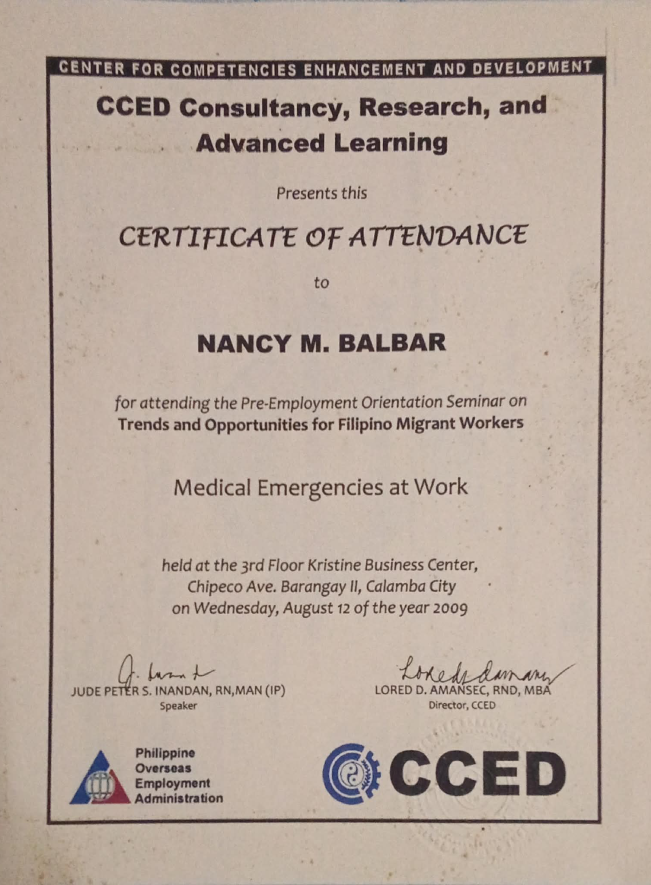 Certificate of Attendance in Medical Emergencies at Home