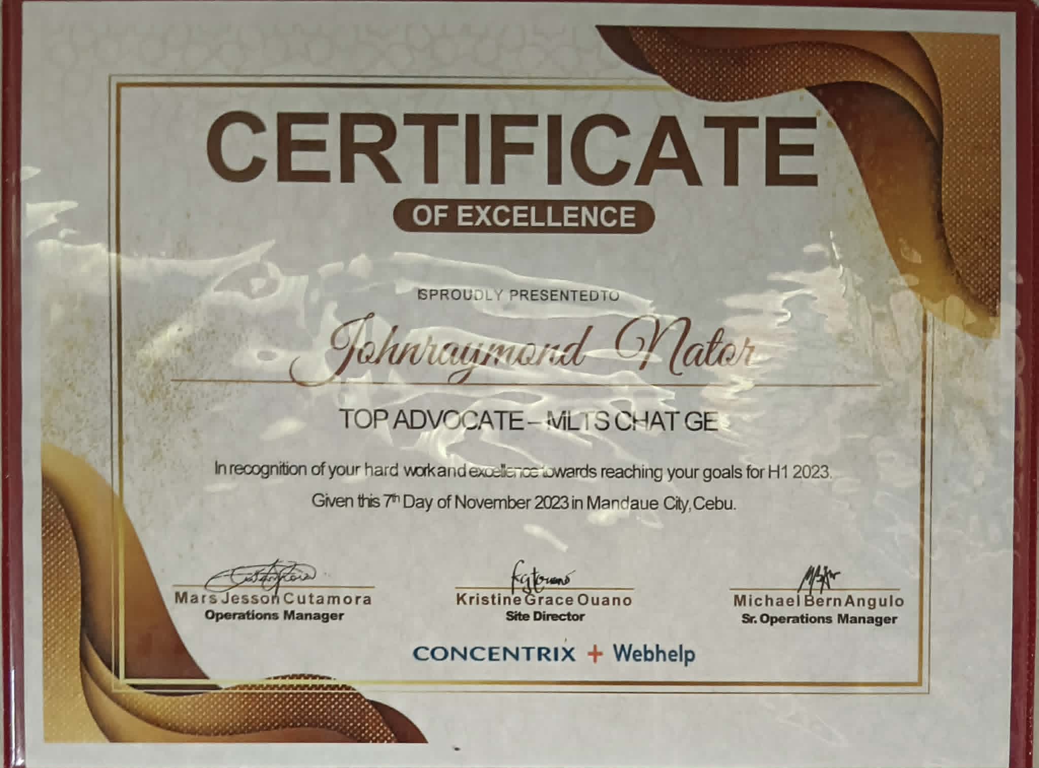 Certificate of Excellence – Top Advocate (H1 2023)