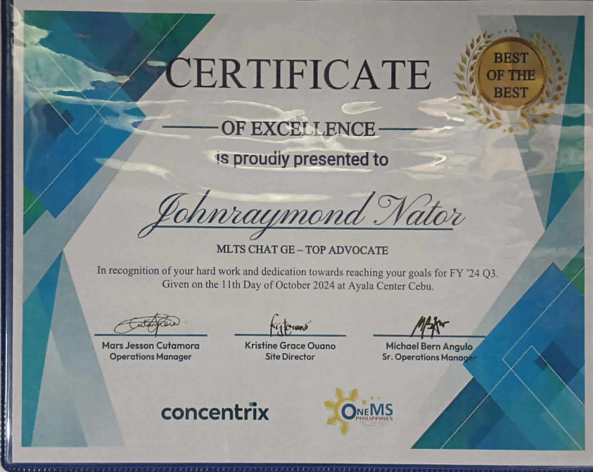 Certificate of Excellence – Top Advocate (FY ’24 Q3)