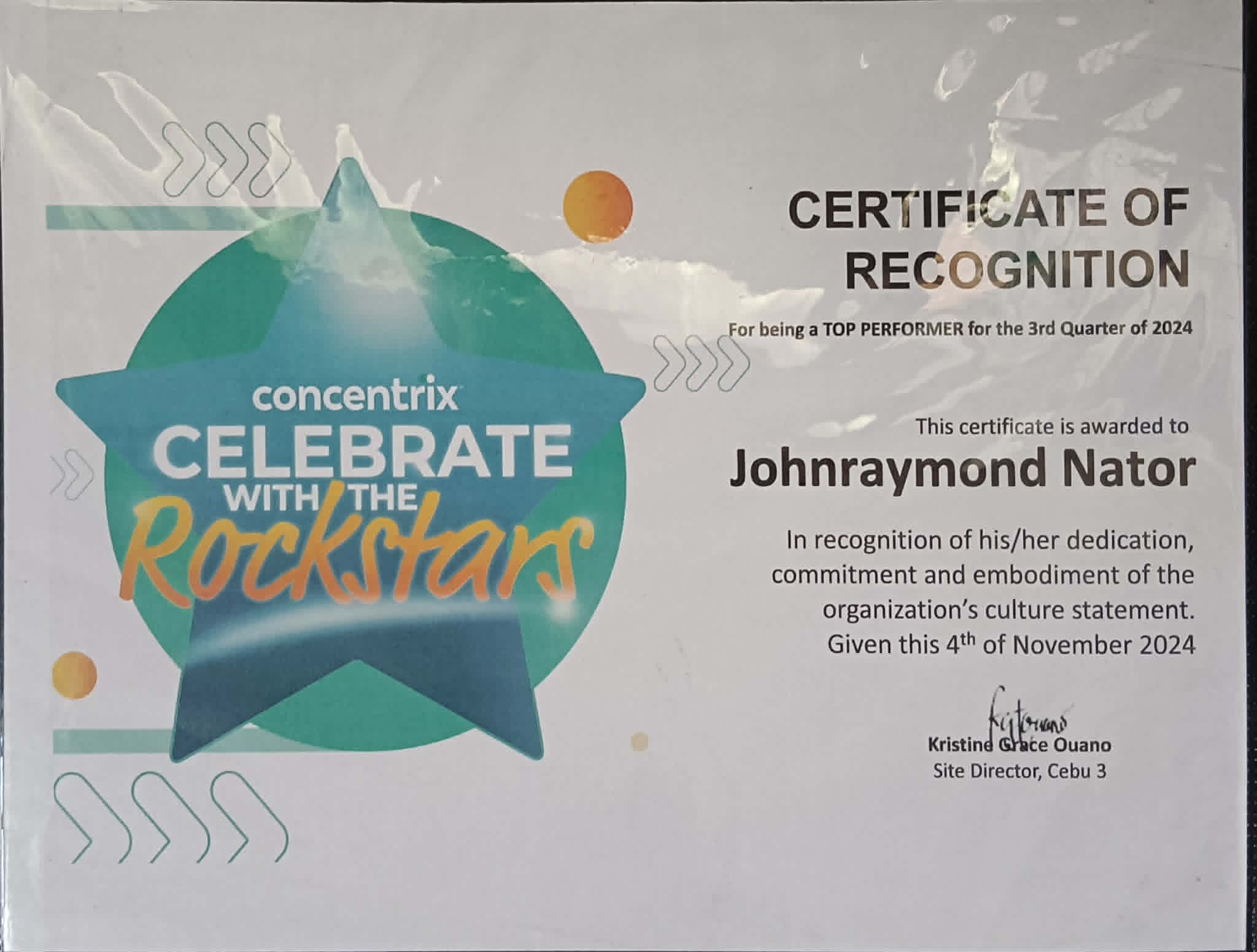 Certificate of Recognition – Top Performer (Q3 2024)