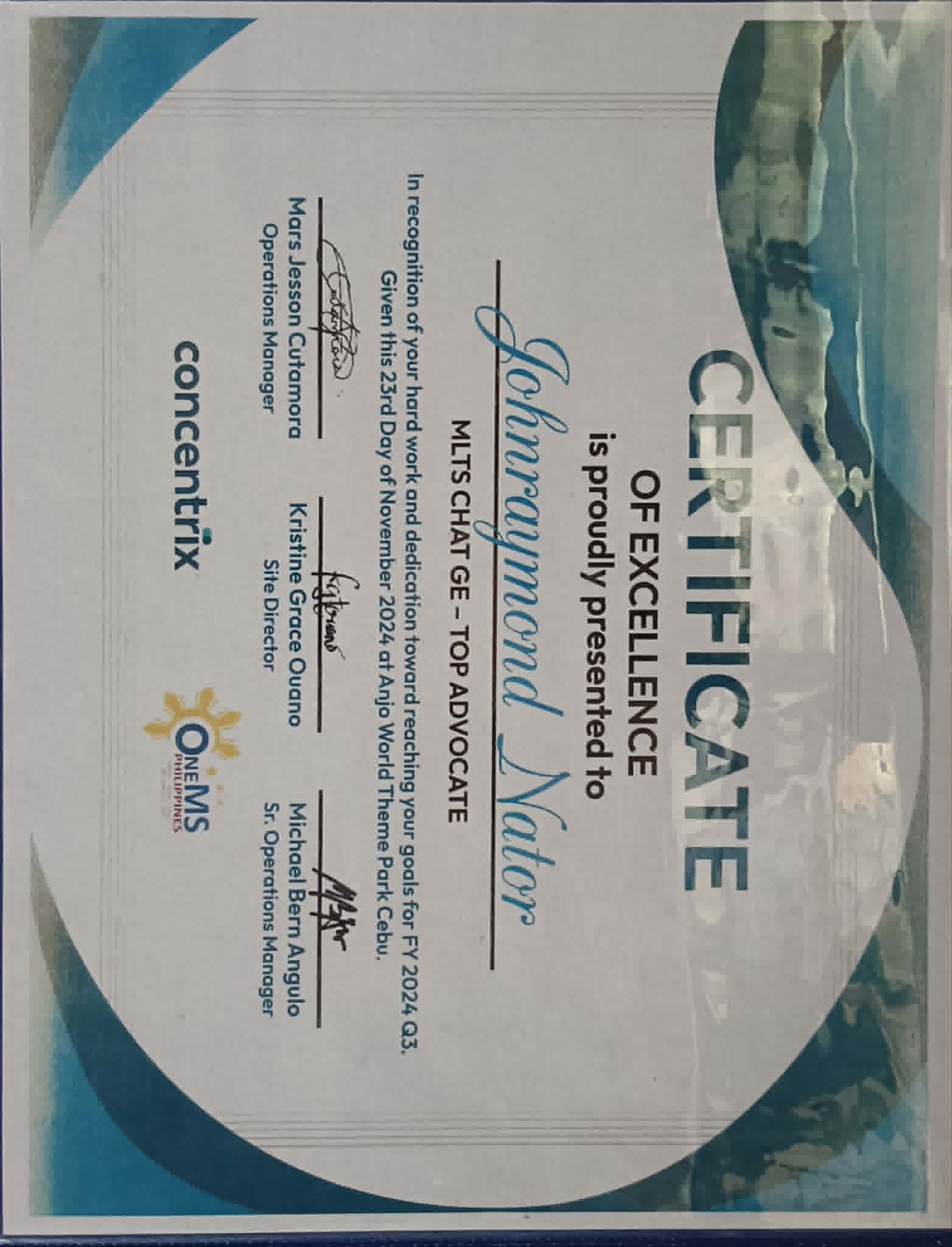 Certificate of Excellence – Top Advocate (FY ’24 Q3)
