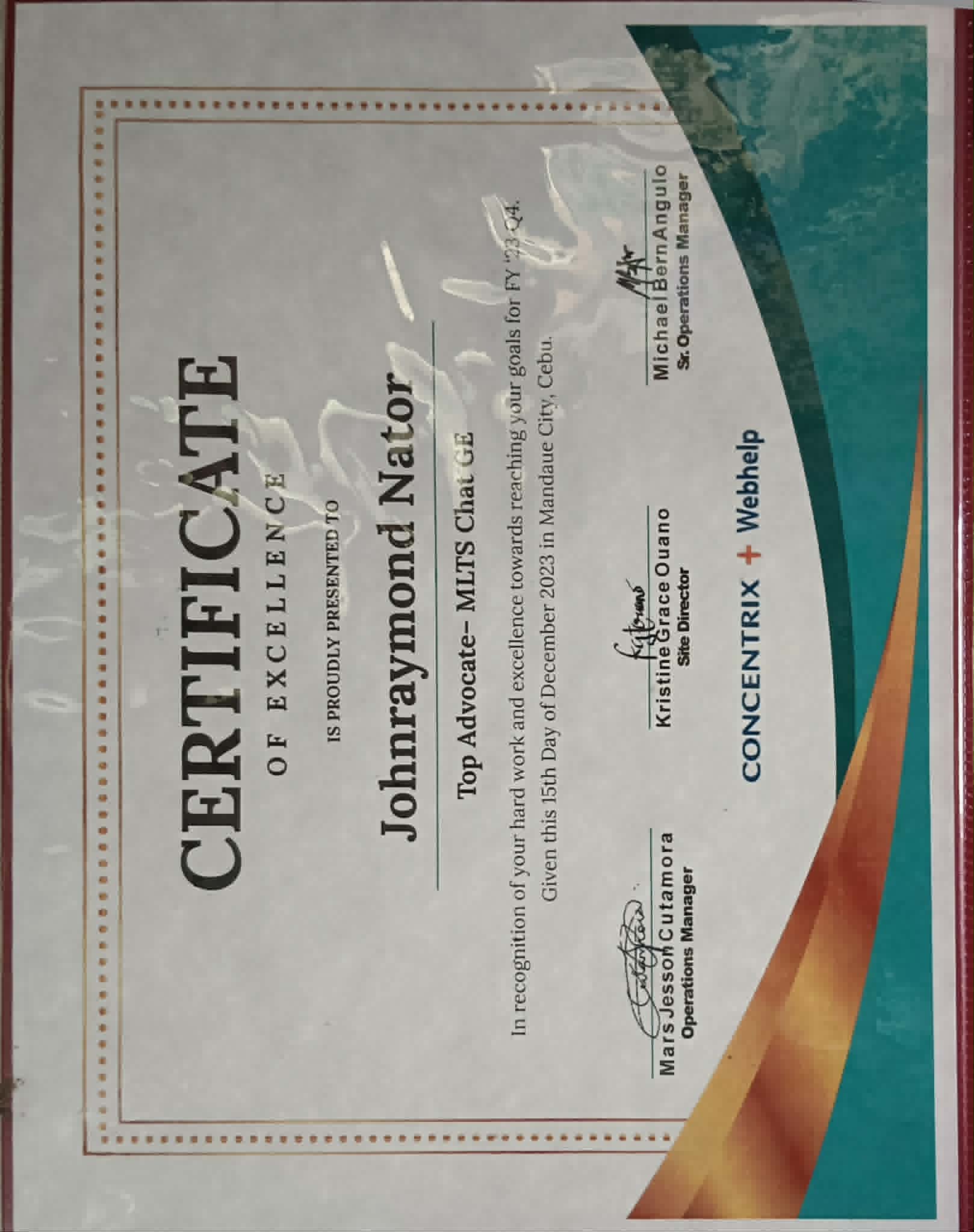 Certificate of Excellence – Top Advocate (FY ’23)