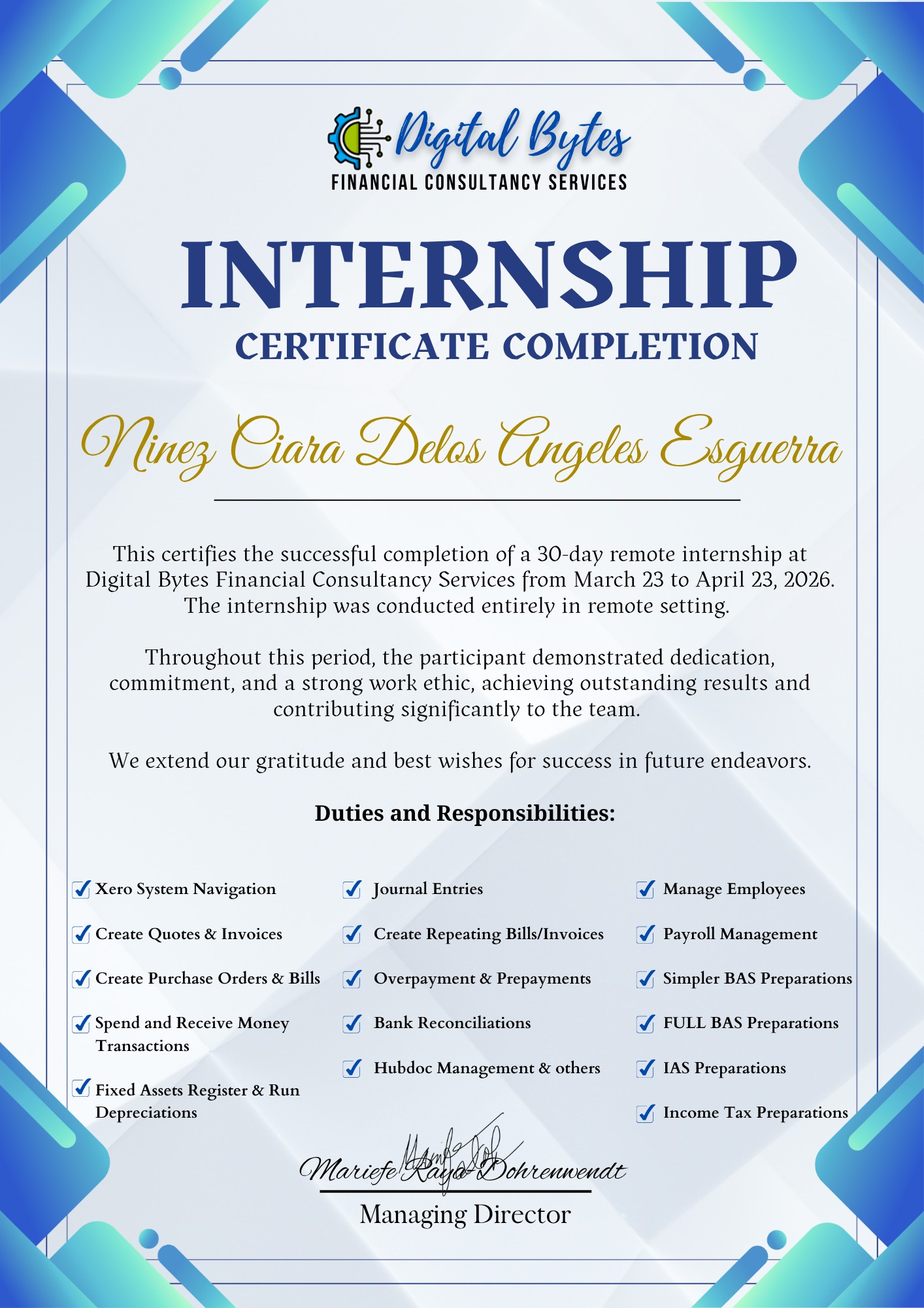 Xero Bookkeeping Internship Certificate
