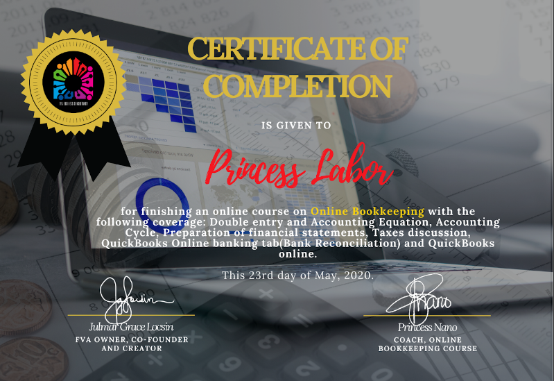 Certificate of Completion - Online Bookkeeping
