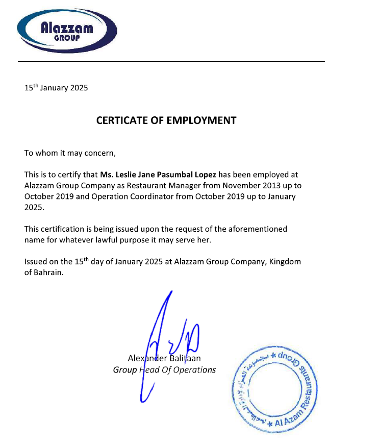 Certificate of Employment