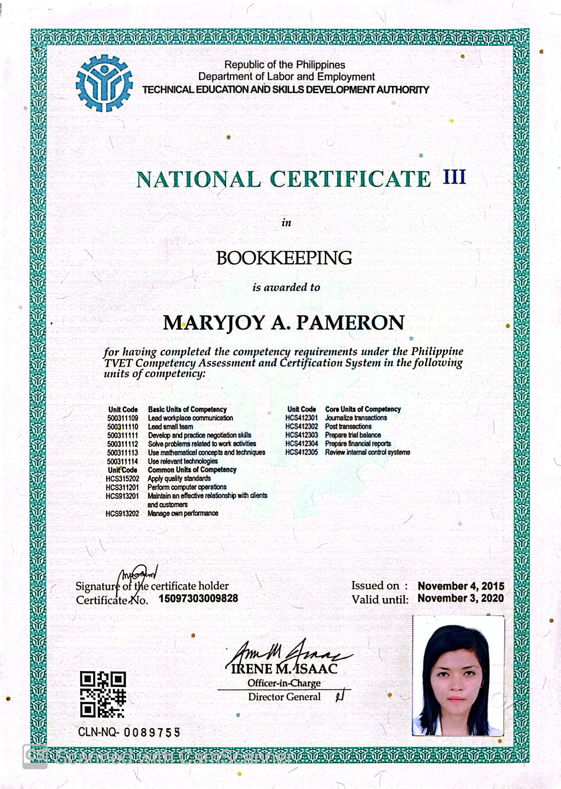 National Certificate for Bookkeeping