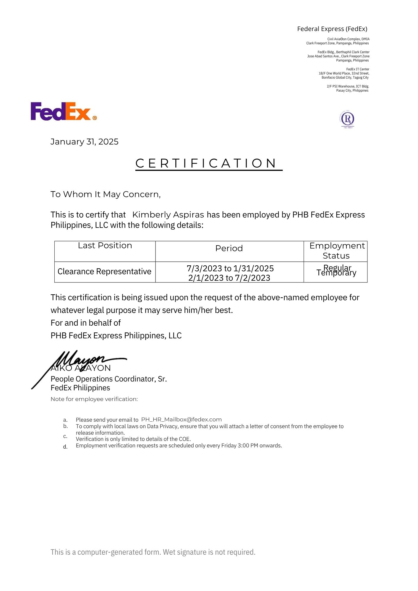 Certificate of Employment