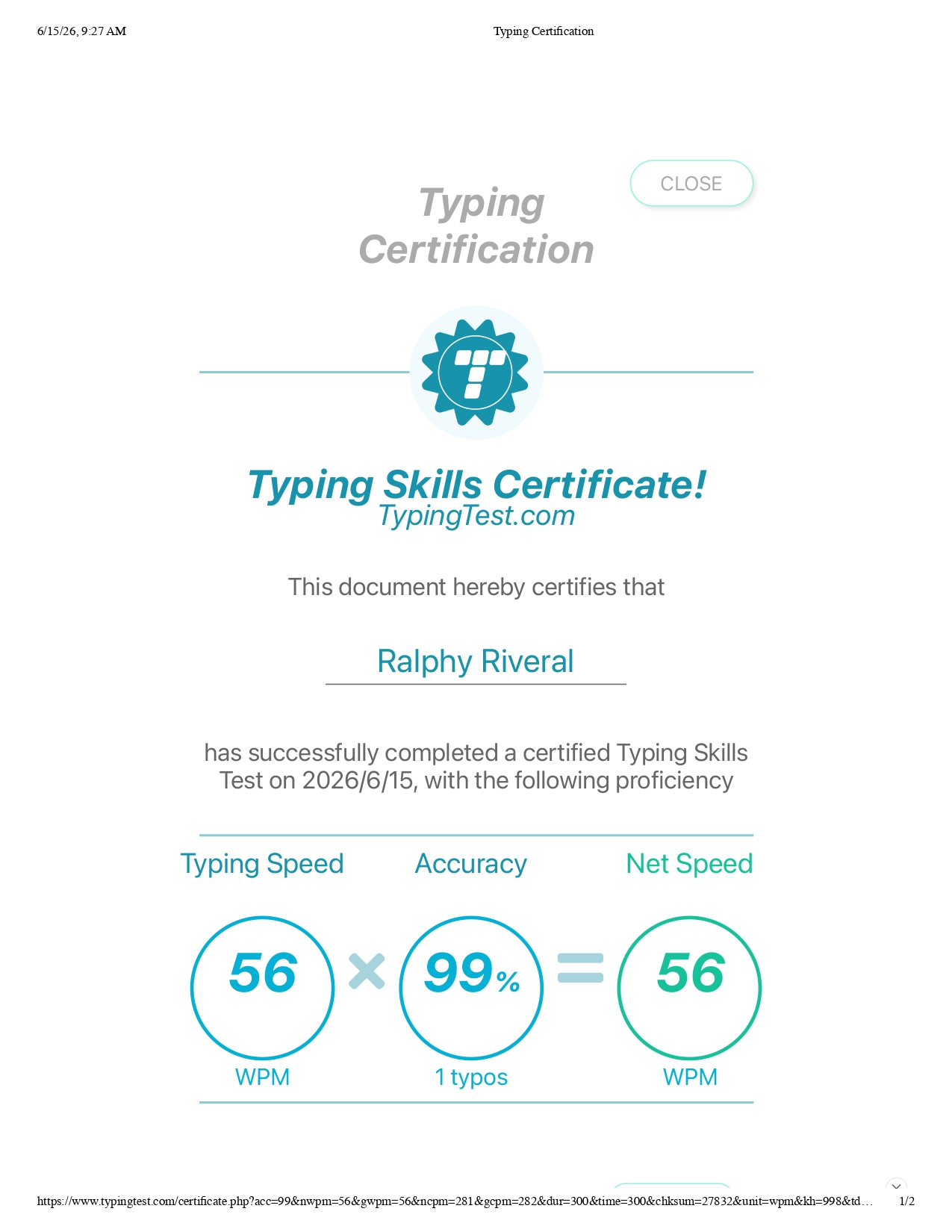 Typing Skills Certificate