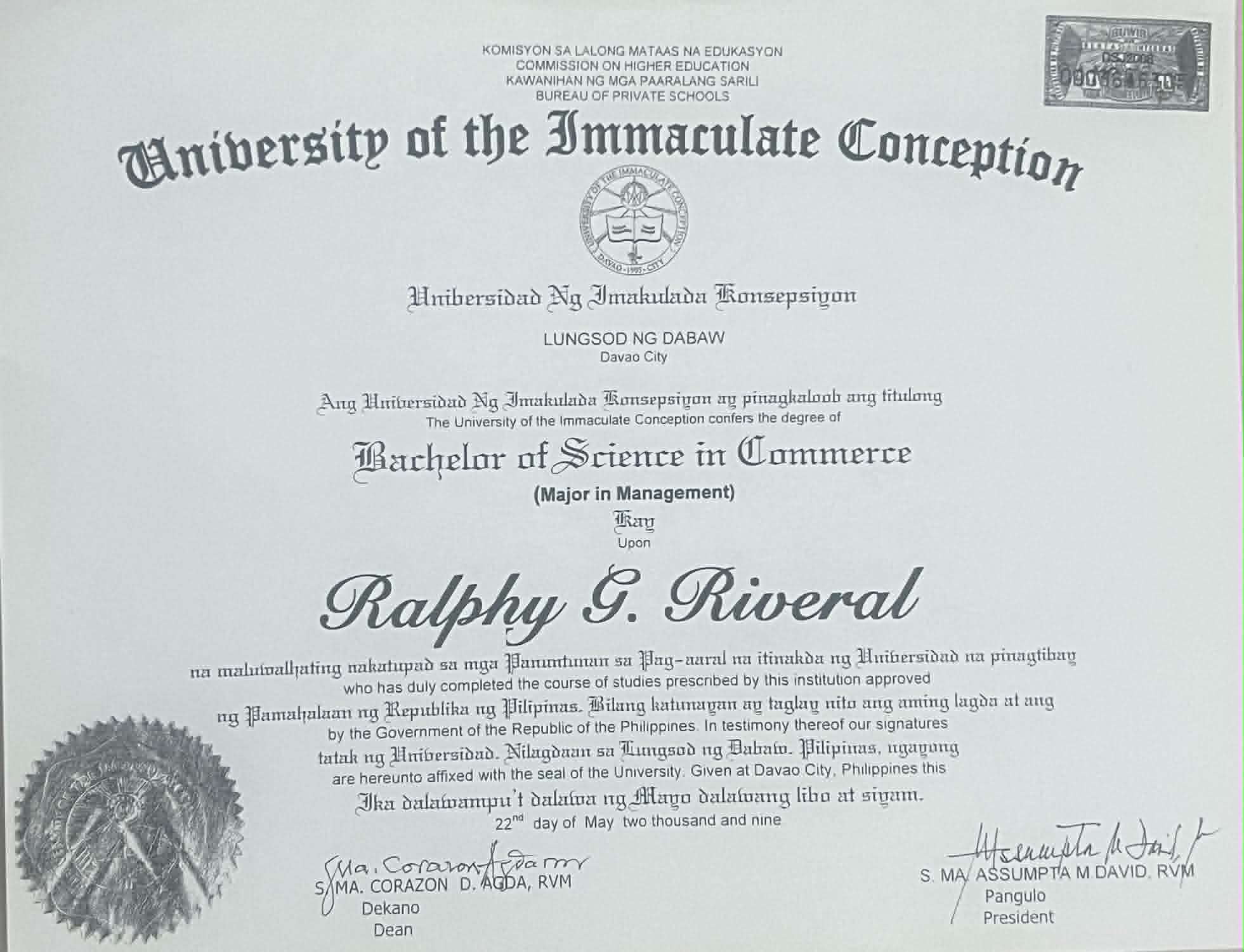 Diploma - Bachelor os Science in Commerce Major in Management