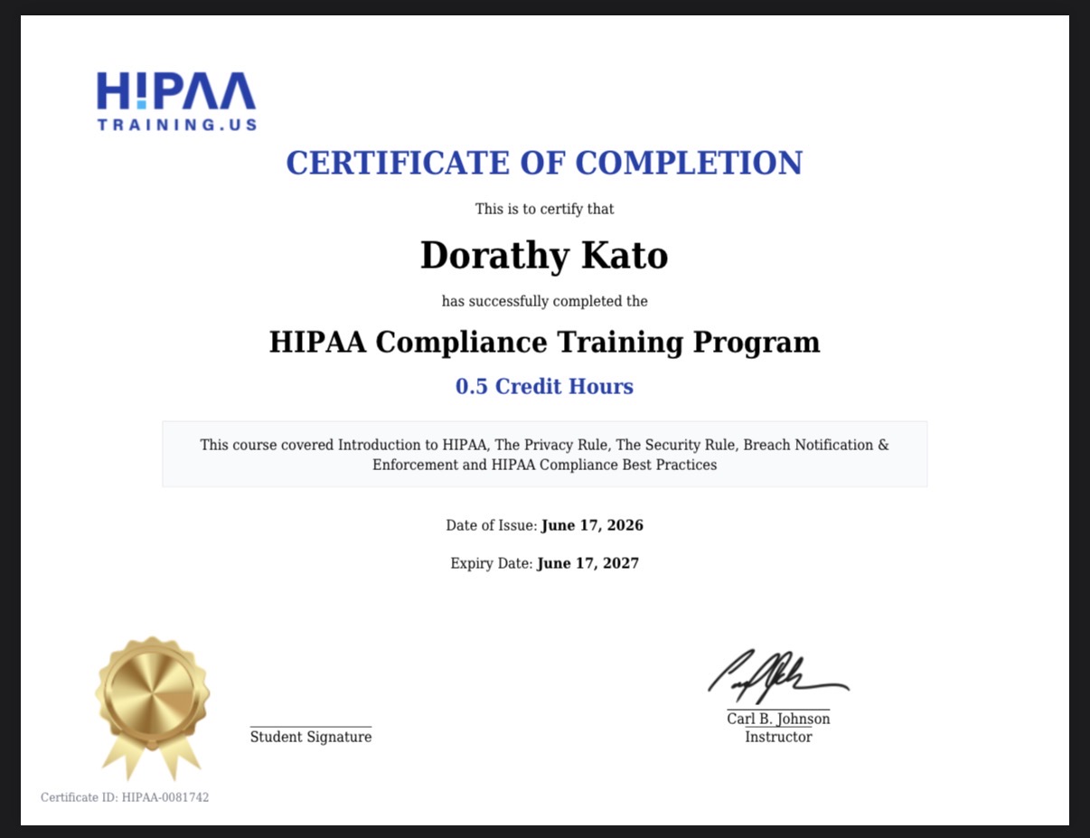 HIPAA Compliance Training Program Certification