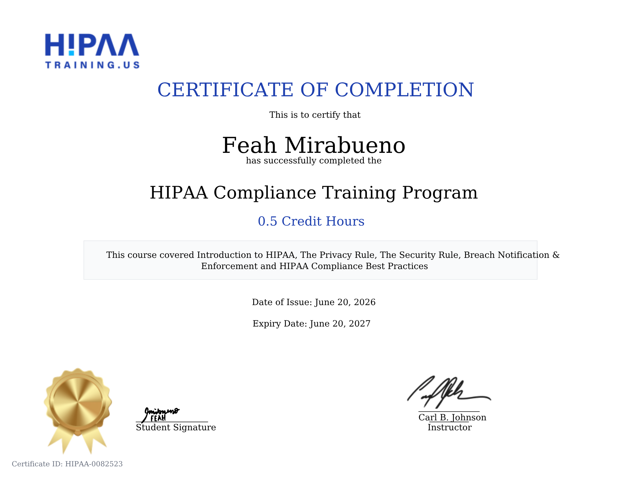 HIPAA Certificate
