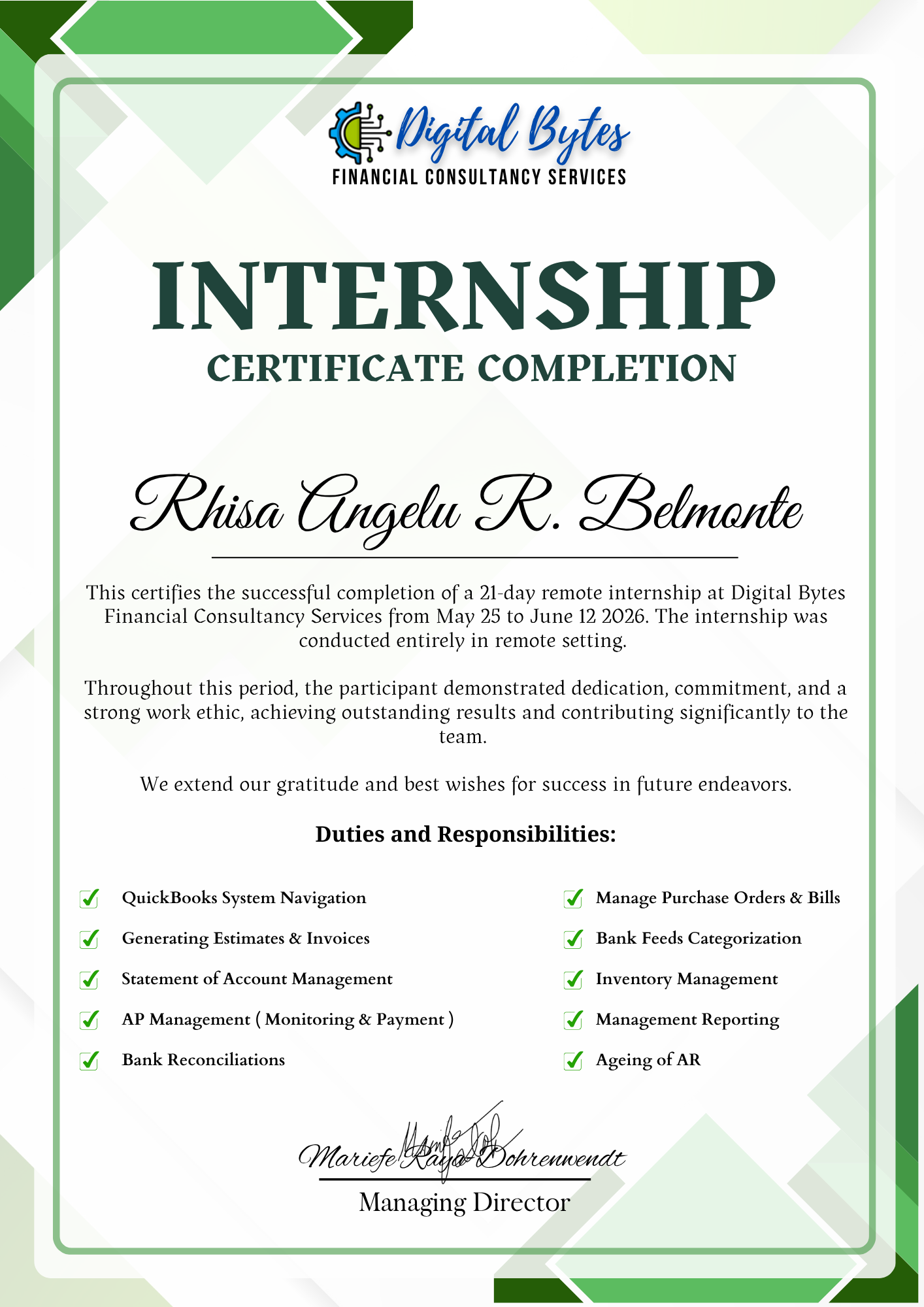 Certificate of Quickbooks Internship