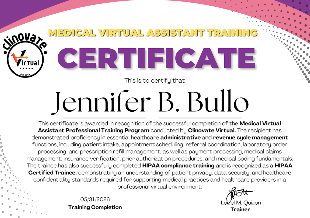 CLINOVATE  Virtual Medical  VA Training Certificate