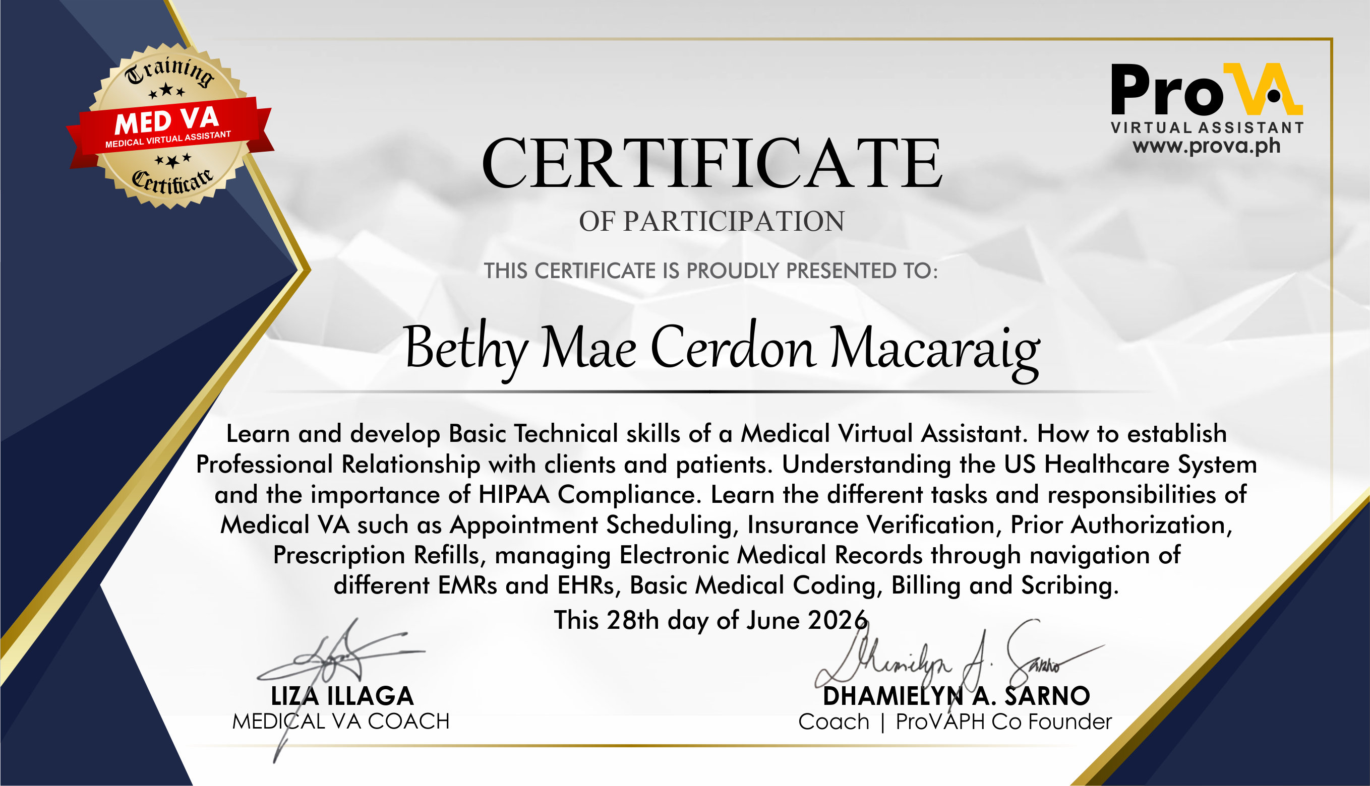 MEDICAL VA TRAINING CERTIFICATE