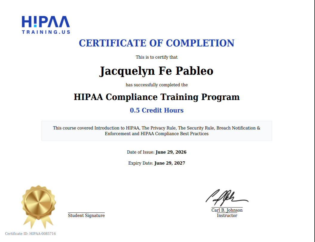 HIPAA TRAINING CERTIFICATE