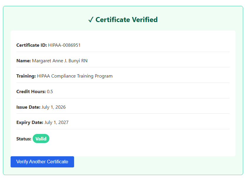Verified HIPAA certificate