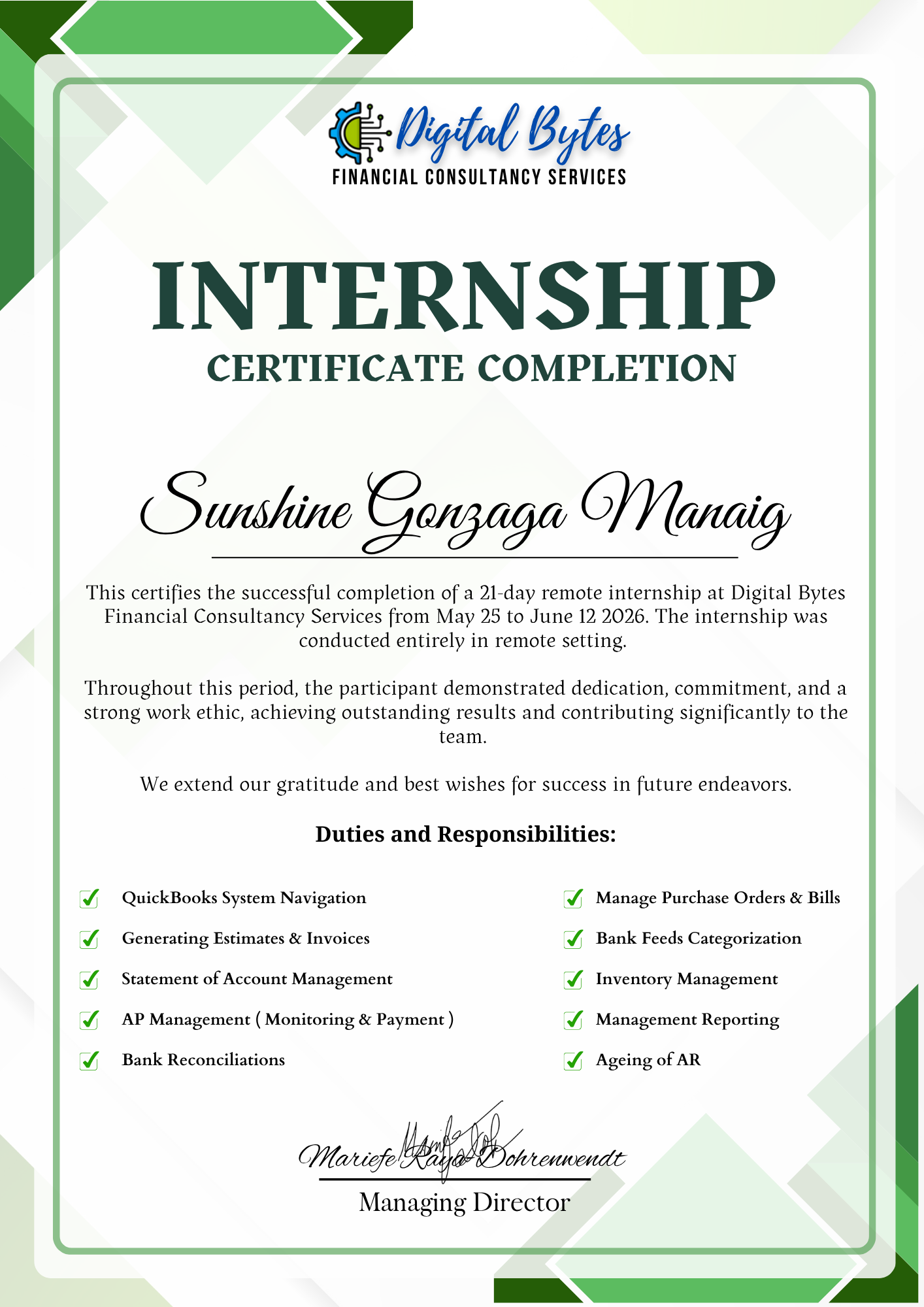 Bookkeeping Internship Certificate