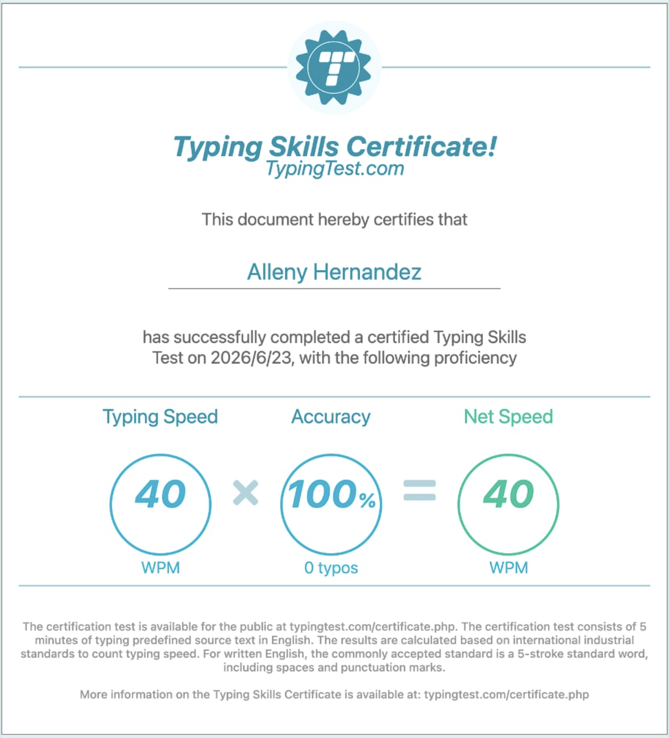 Typing Skills Certificate