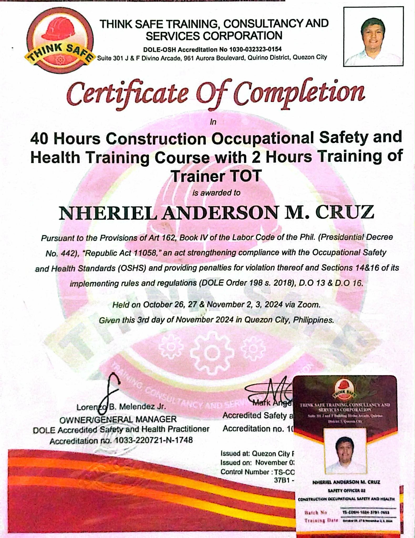Safety Officer 2 - Construction Occupational Safety and Health Training Course