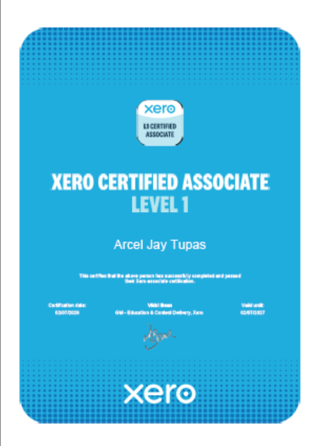 Xero Certificate Associate Level 1