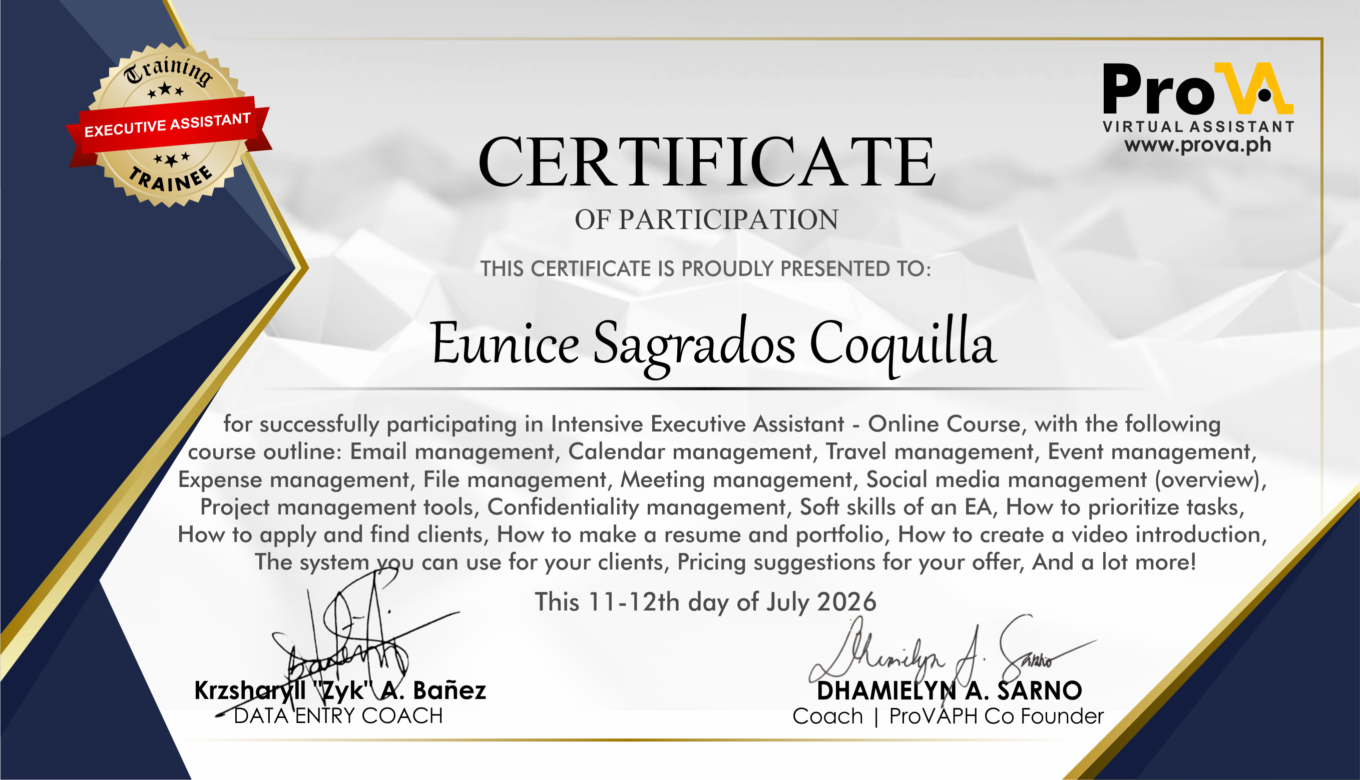 EVA TRAINING CERTIFICATE