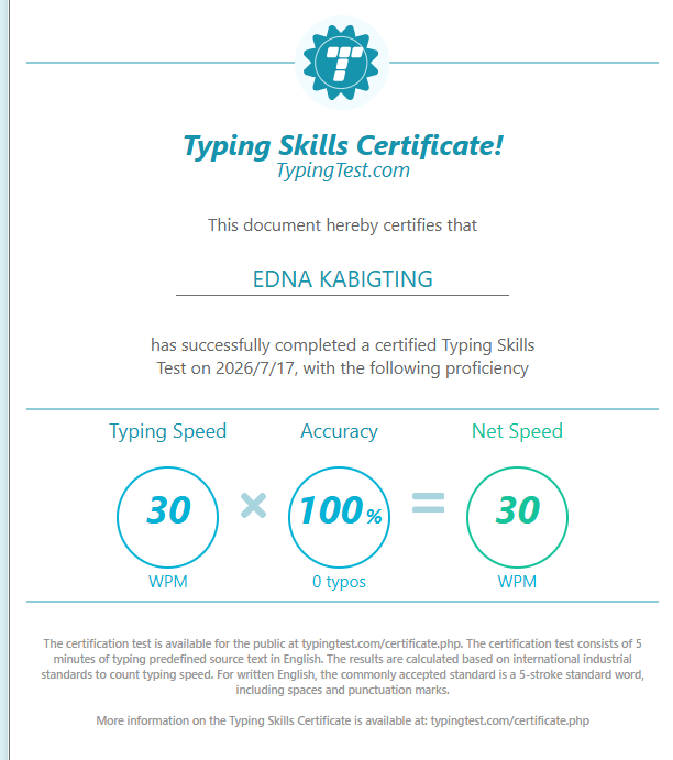 Typing Certificate