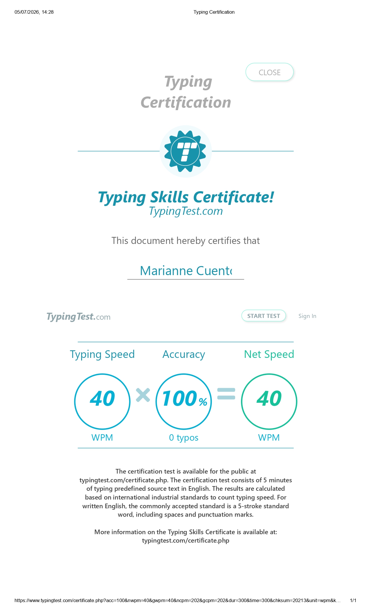Typing Skills Certificate