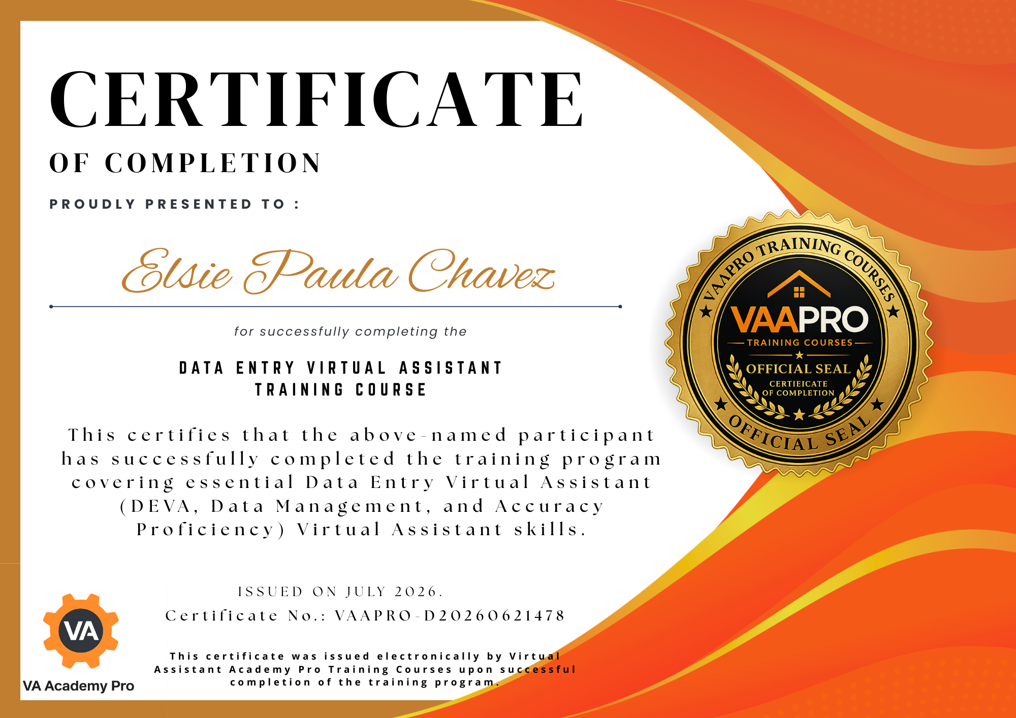 VA Pro Academy training Certificate