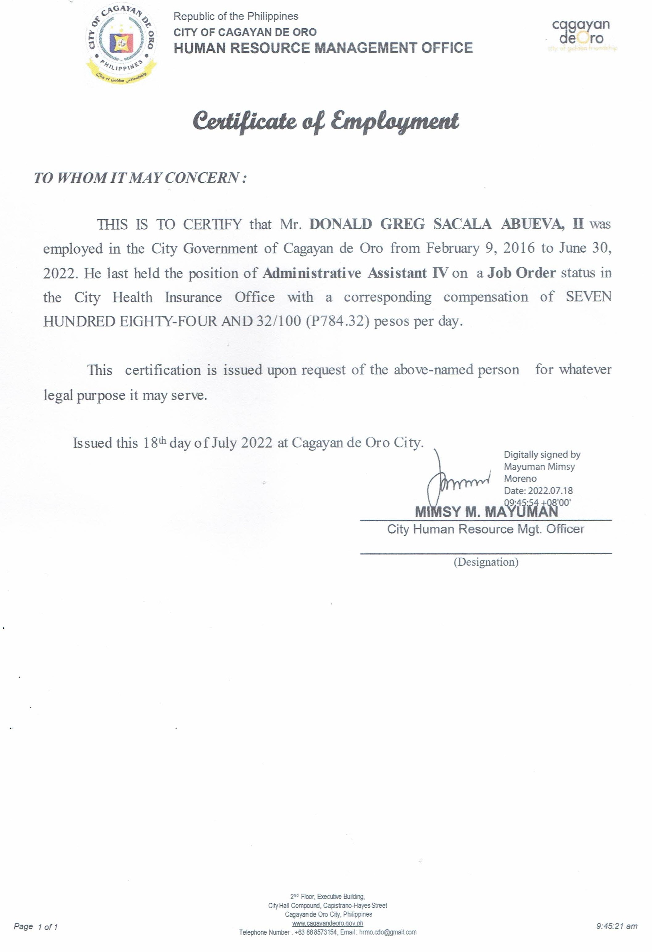 CC CERTIFICATE OF EMPLOYMENT
