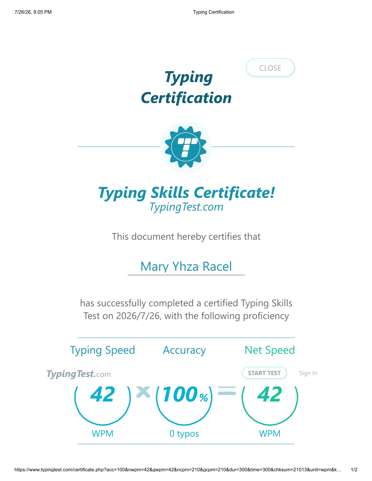TYPING TEST CERTIFICATE