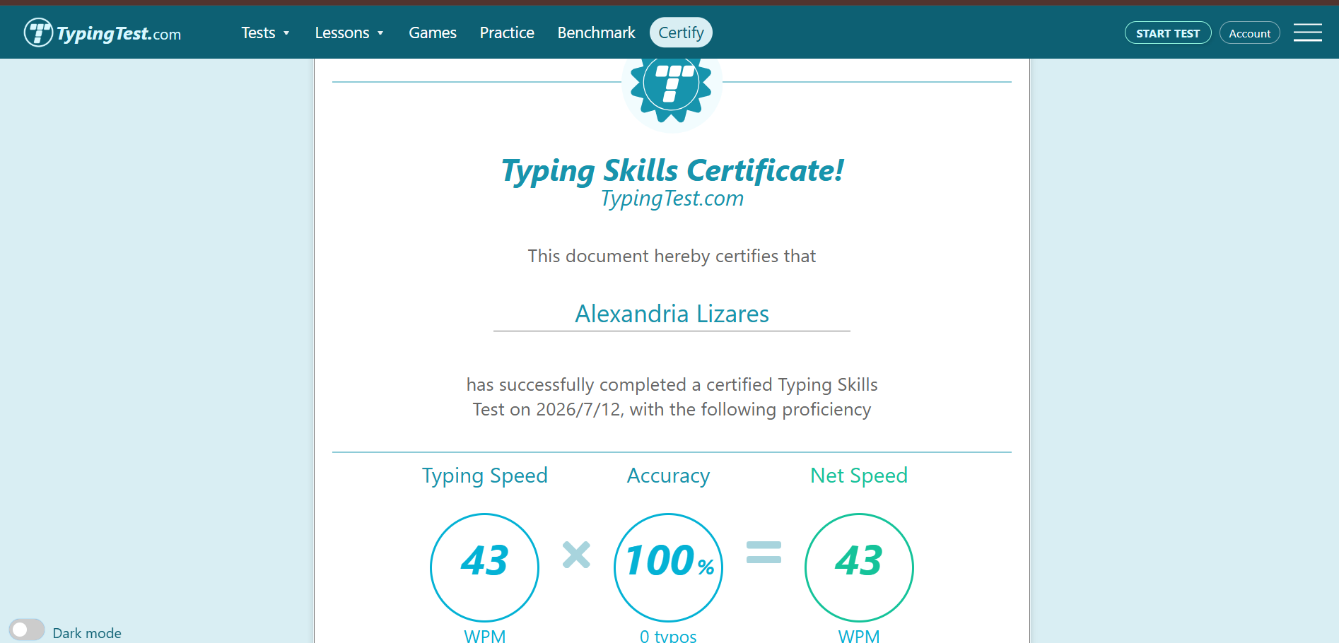 Typing Test Certificate