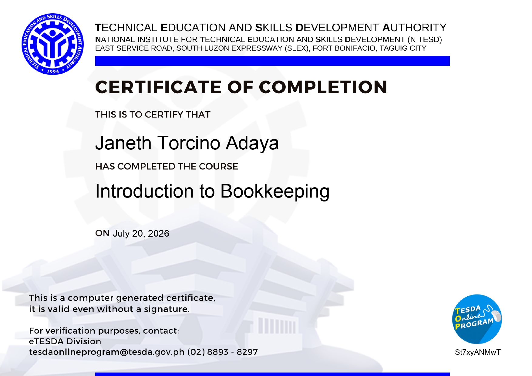 TESDA - BOOKKEEPING COURSE CERTIFICATE