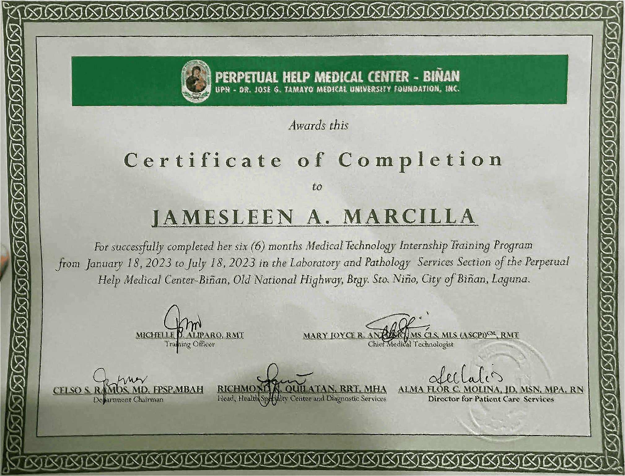 Medical Technology Internship Training Program | January 18, 2023 - July  18, 2023