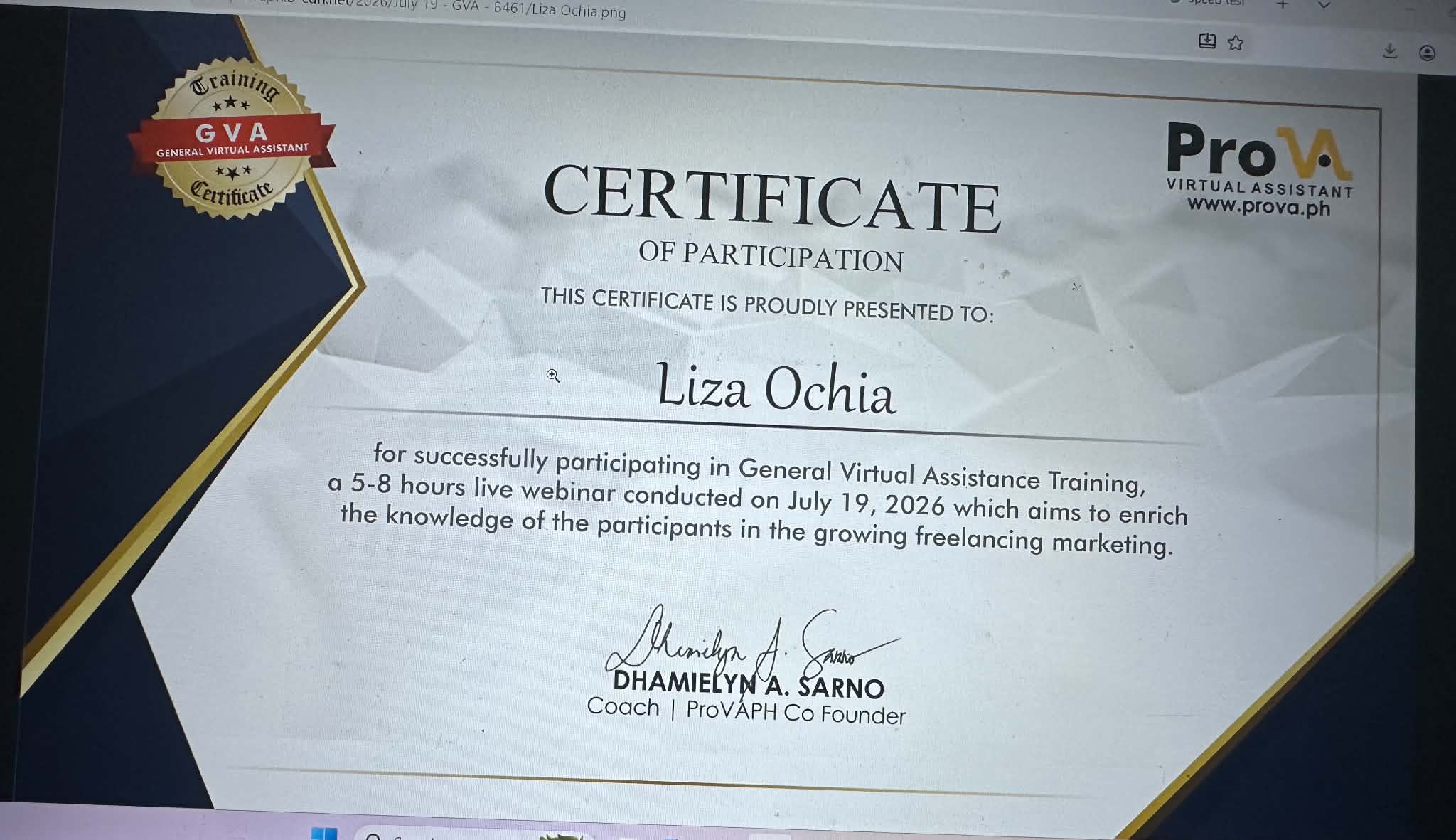 PRO VA TRAINING CERTIFICATE