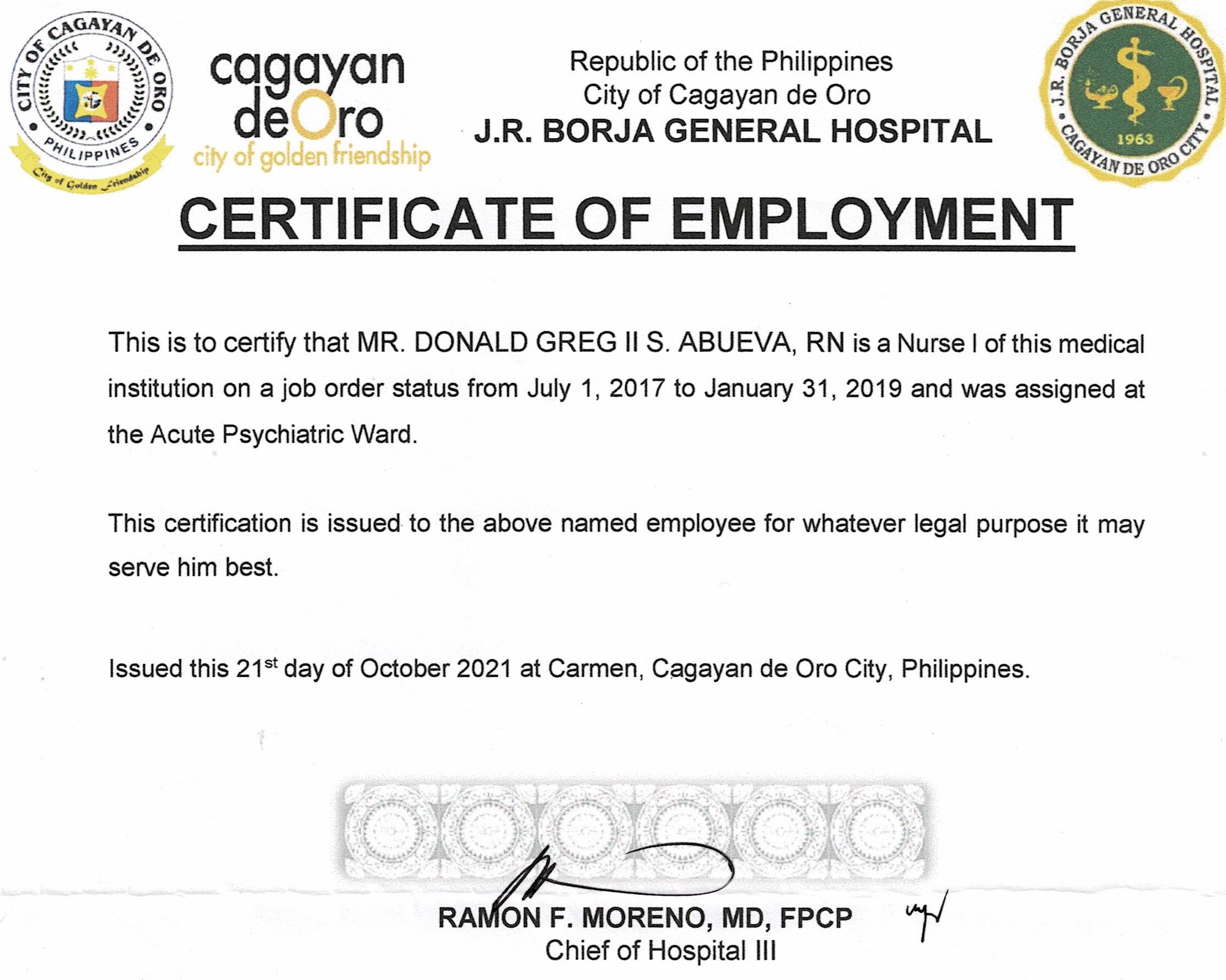 CERTIFICATE OF EMPLOYMENT