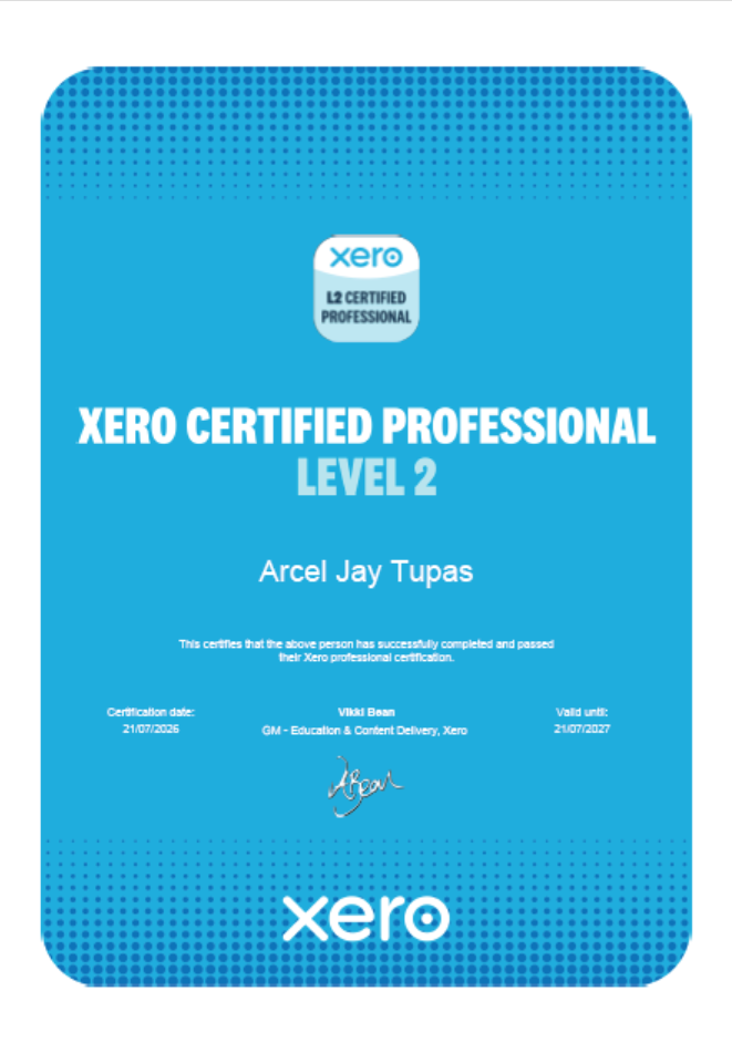 Xero Certificate Associate Level 2