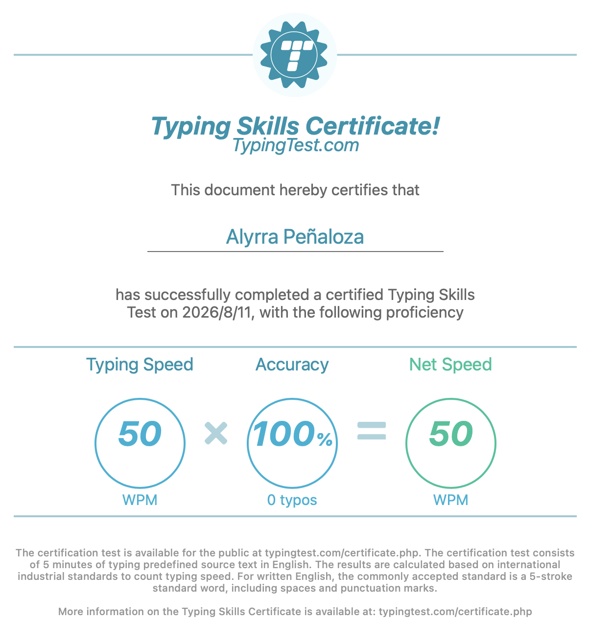 Typing Skills Certificate